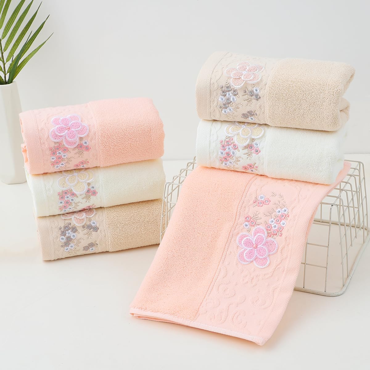Pidada Hand Towels Set Of 2 Embroidered Floral Pattern 100% Cotton Absorbent Soft Decorative Towel For Bathroom (Brown)