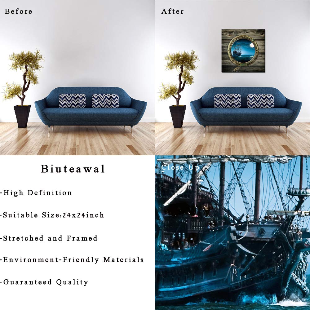 Biuteawal - Full Moon Night Ocean Window View Canvas Wall Art Sailing Boat Picture Seascape Painting Prints Contemporary Artwork for Home Office Decor Gallery Wrapped Ready to Hang