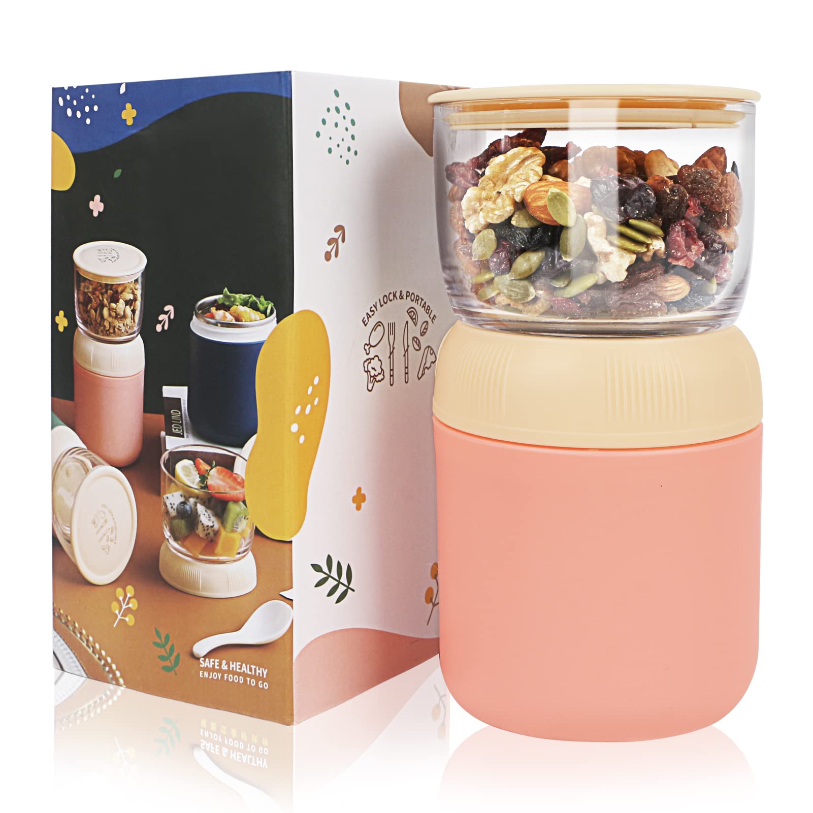 Uhapeer Oatmeal Yogurt Container, Overnight Oats Containers With Lids And Spoon, Stainless Steel Insulated Food Container, 2-Tie