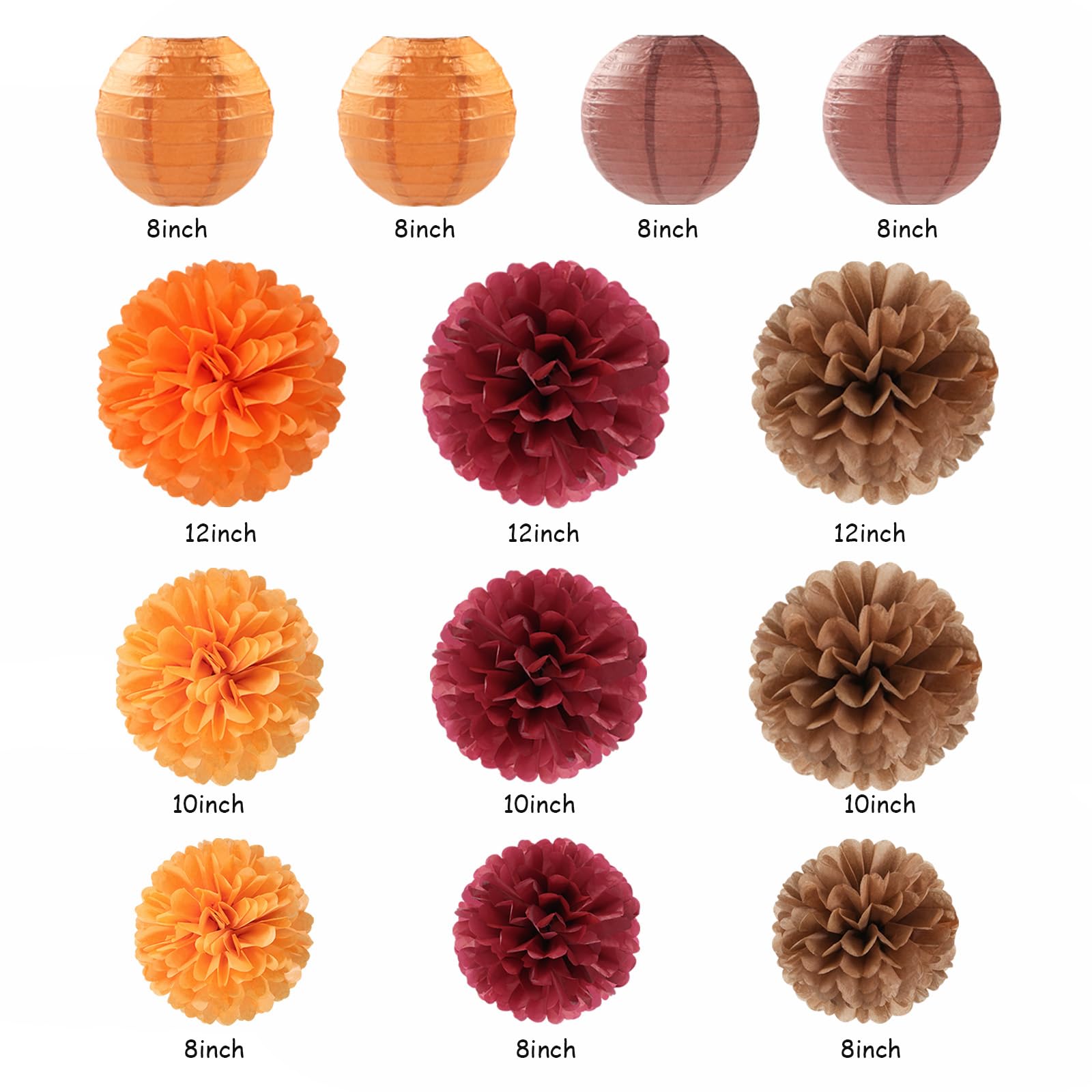 Burgundy Brown-Orange Baby-Shower Boho Party-Decorations - 20Pcs Fall Autumn Paper Lanterns Fans,Tissue Pom Poms,Honeycomb Balls