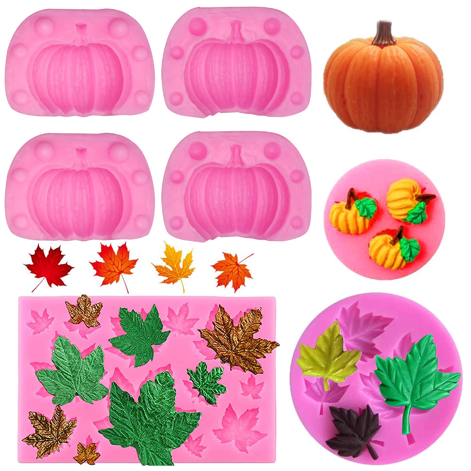 Rainmae 5Pcs Autumn 3D Pumpkin Silicone Mold, Mini Pumpkin Mold For Thankgiving Cupcake Molds, Maple Leaves Fondant Cake Decorat