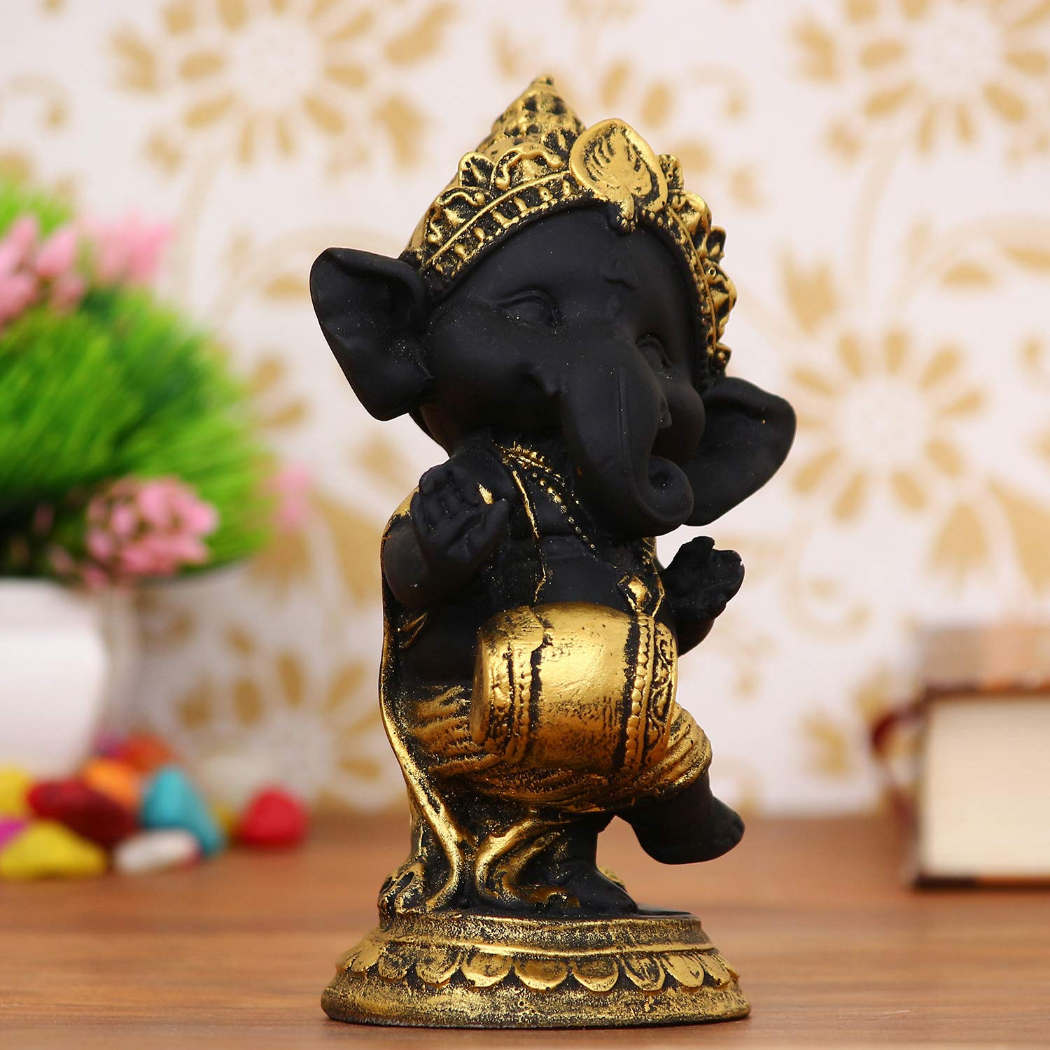 Ecraftindia Golden And Black Polyresin Lord Ganesha Idol Playing Dholak Musical Instrument Decorative Showpiece Ideal For Home,