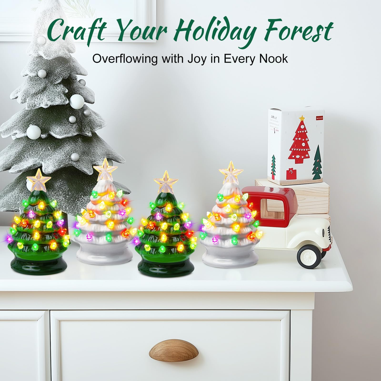 5 Inch Mini Ceramic Christmas Tree Set - 4 Pack Pre-lit Tabletop Christmas Tree with Multicolored LED Lights, Battery Operated S