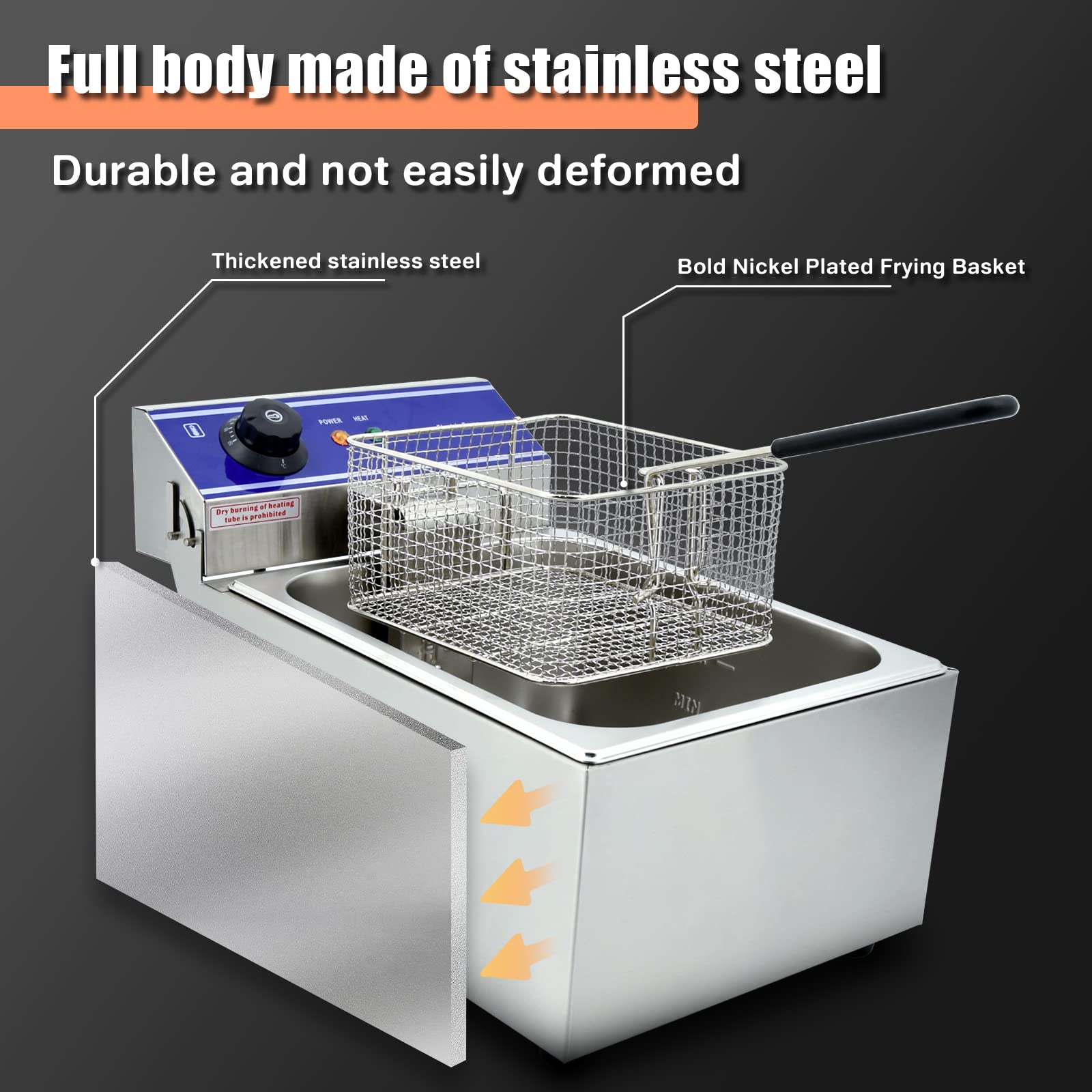 Dulong Commercial Electric Deep Fryer Countertop Stainless Steel Deep Fryer W/ Temperature Control Single Large Tank French Frie