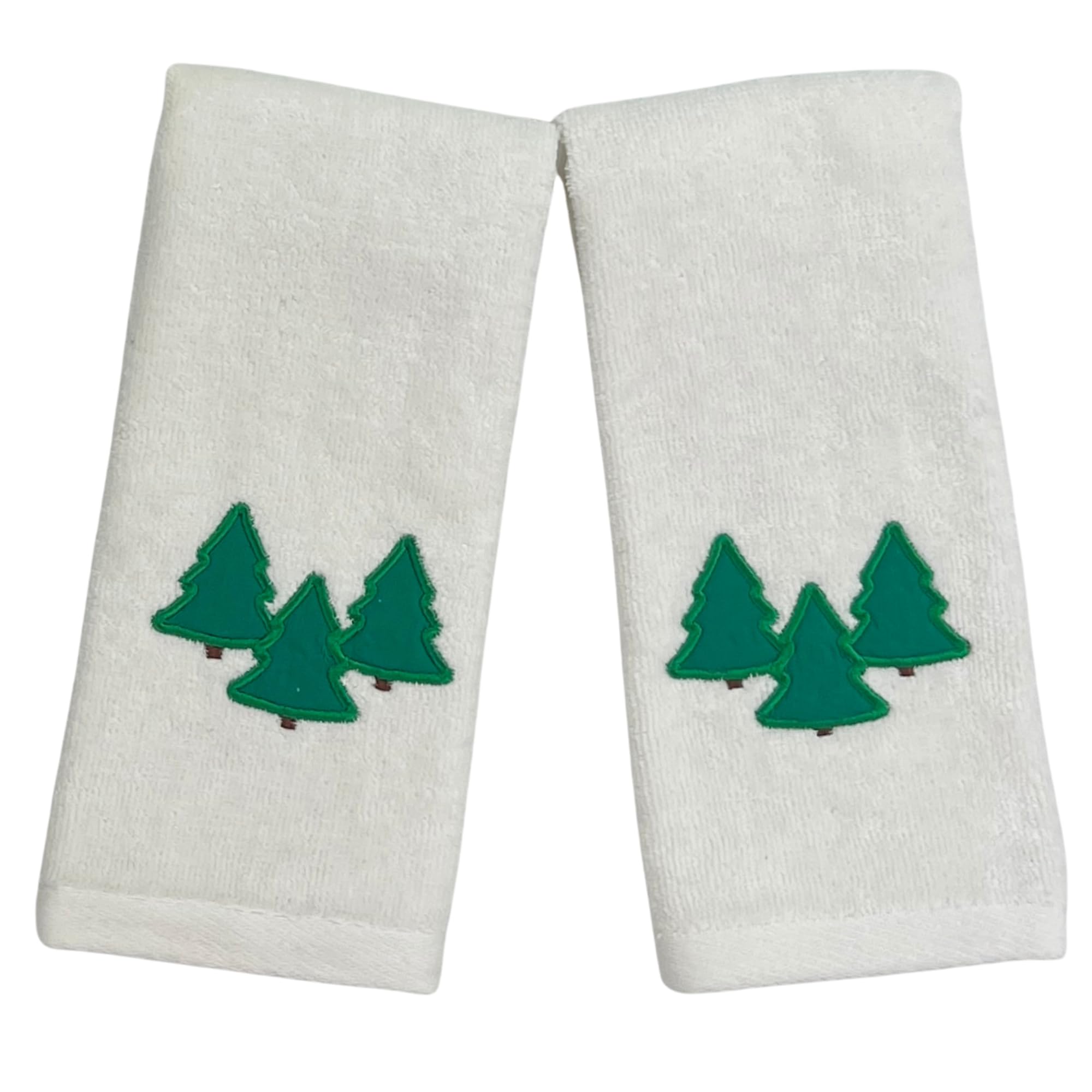 Farmhouse Christmas Fingertip Towels: Plush Velour Cotton Embroidered Forest Trees, One With Decorative Plaid, Set Of 2
