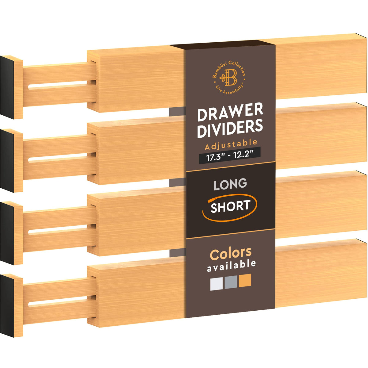 Bambsi 4 Pack Drawer Divider - Bamboo 2.6'' High, 12.5-17'' Adjustable Drawer Organizers for Clothes, Expandable Dresser Separat