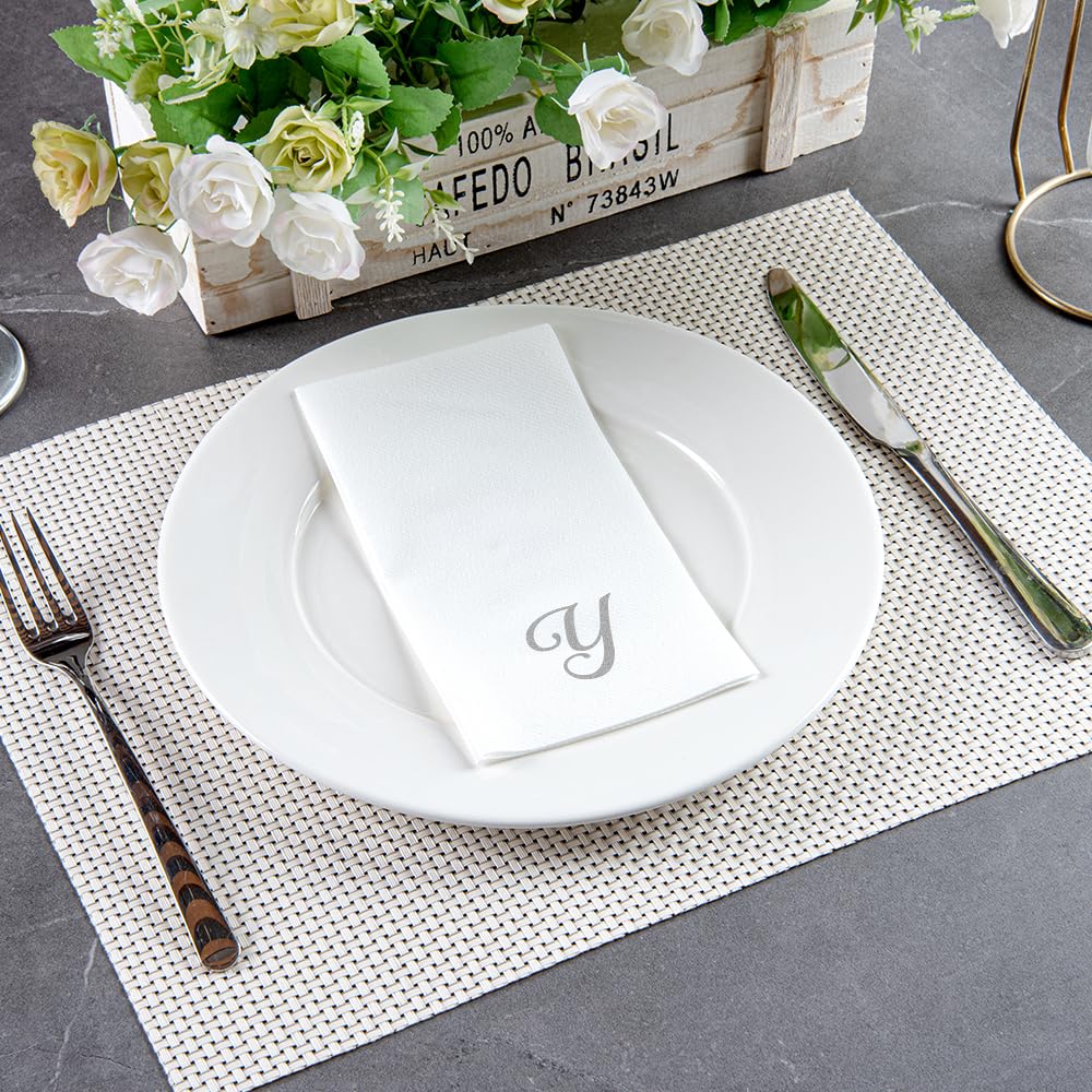 Luxenap 15.8 X 7.9 Inch Linen-Feel Guest Towels, 2000 Disposable Striped Hand Towels - Silver Letter 'Y', Cursive Font, White Pa
