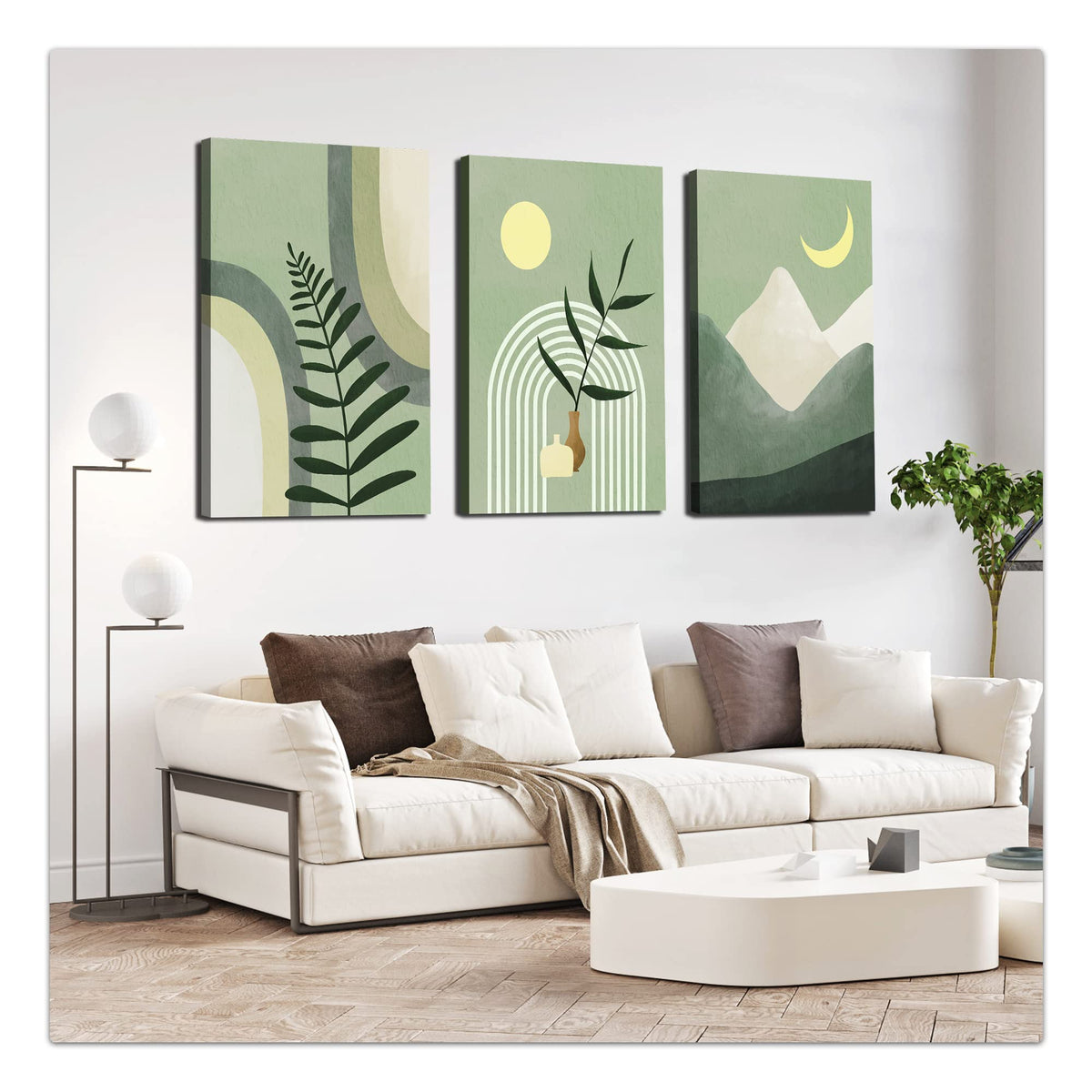 Large Framed Boho Wall Art Painting,Boho Room Decor, Mid Century Modern Wall Art,Neutral Abstract Geometric Prints Beige Minimal