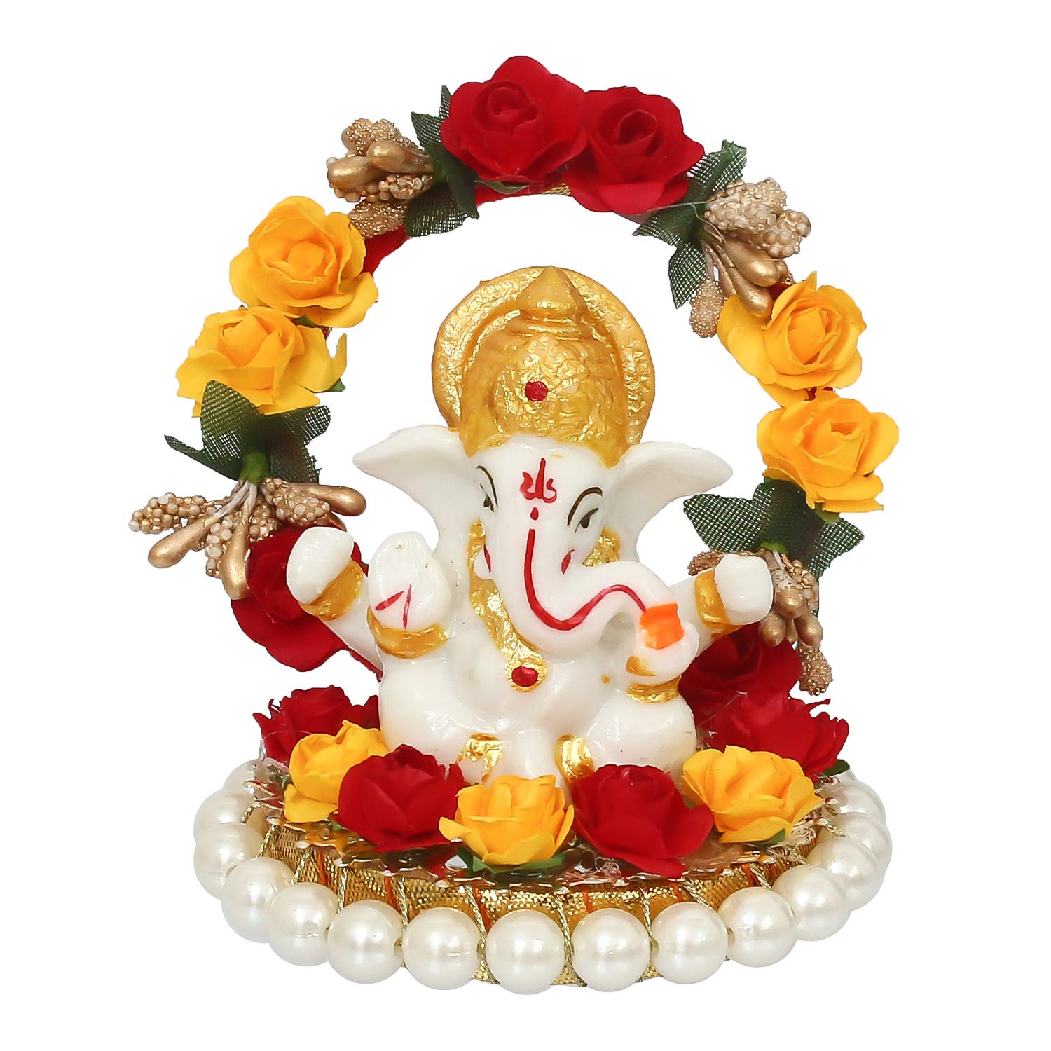 Ecraftindia Resin Lord Ganesha Idol On Decorative Rose Flower Plate- Ganesha Idol For Home Decor Car Dashboard- Ganesha Statue-