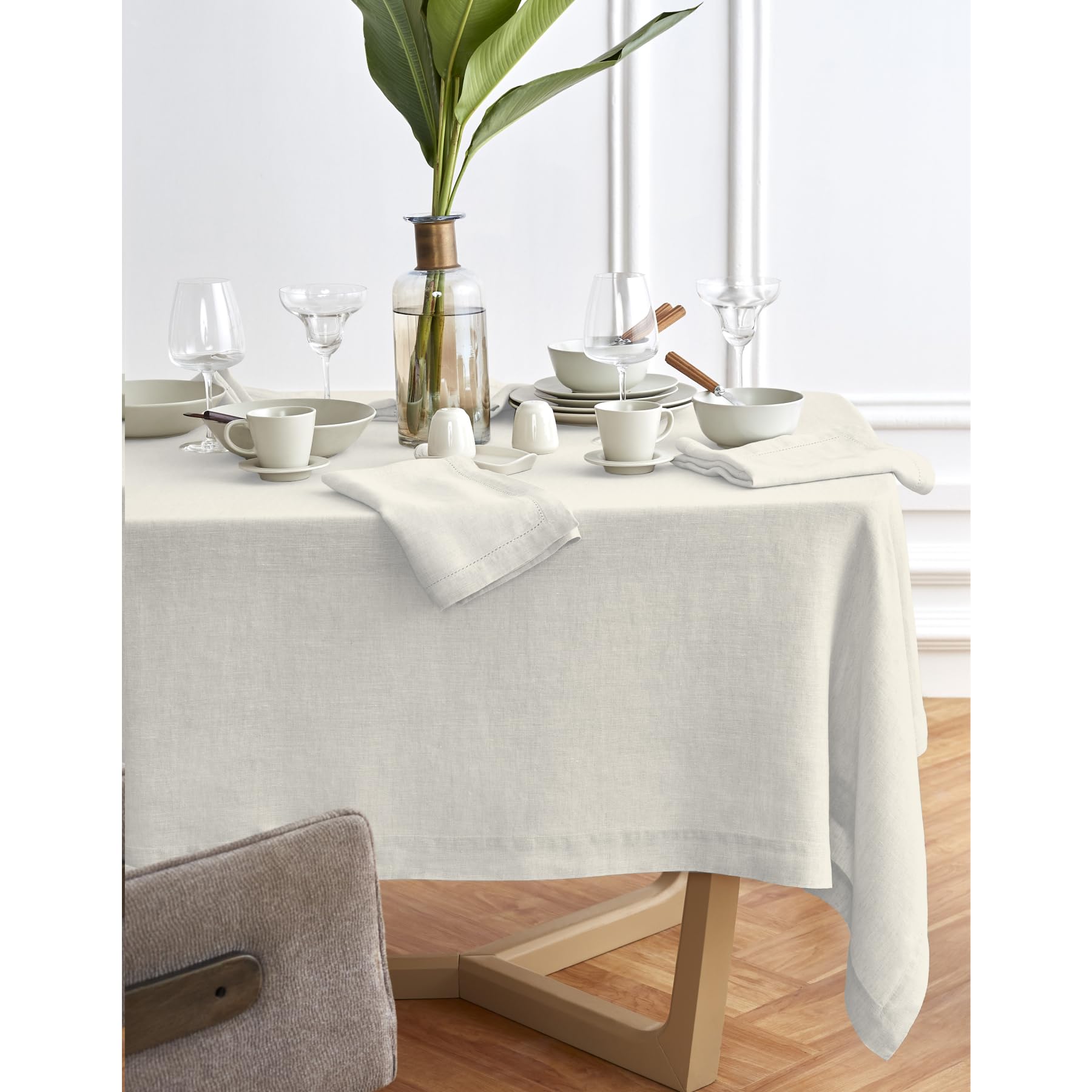 Solino Home Light Flax Linen Tablecloth 90'' L X 70'' W Inch - Sonoma, 100% Pure Linen Prewashed Table Cloth For Rectangle Table