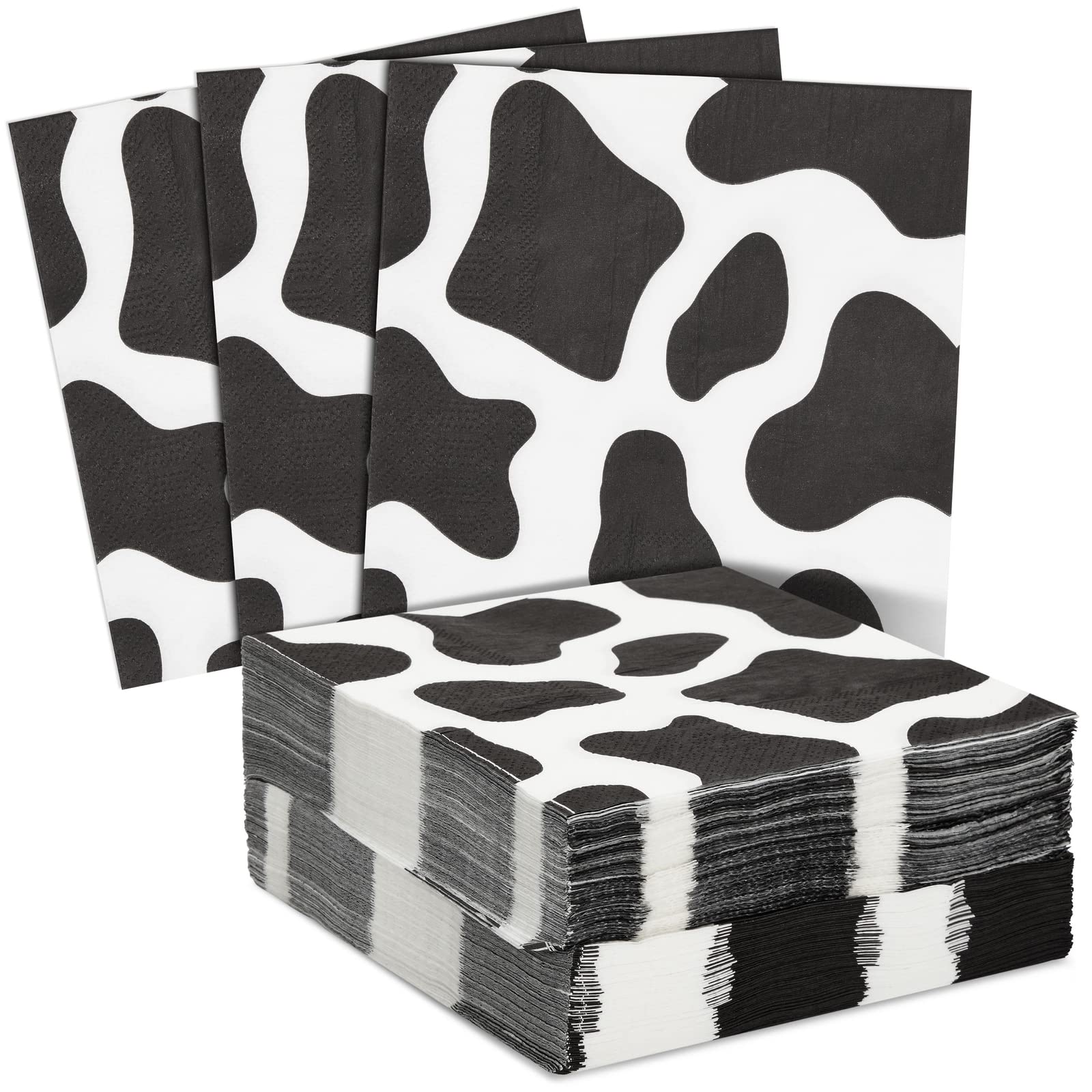 Blue Panda - 100 Pack Cow Print Napkins For Farm Animal Birthday Party Supplies (2-Ply, 6.5 X 6.5 In)