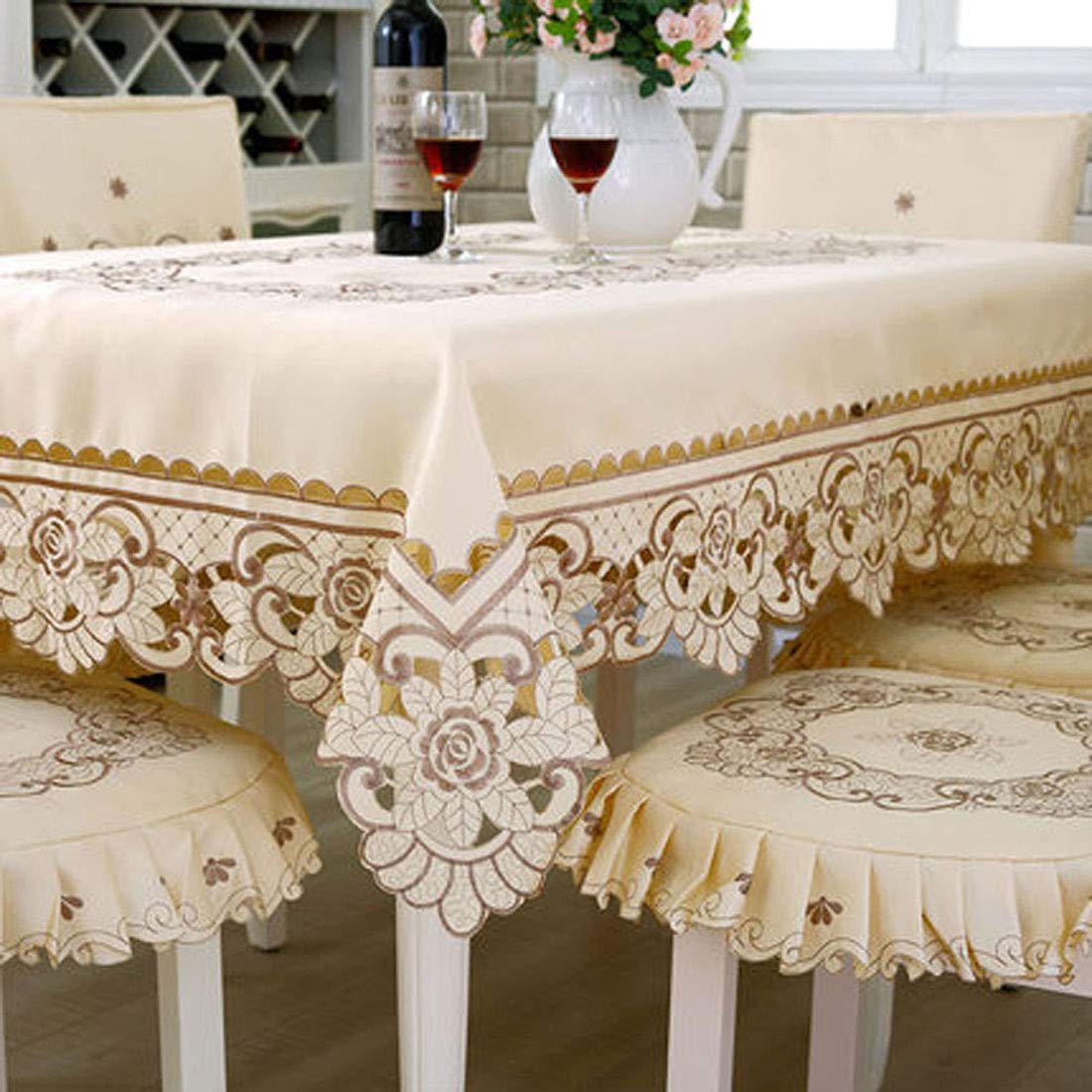 Lelehome Brown Flower Embroidered Lace Cream Beige Square Tablecloth, Vintage Classic Dining Table Cloth Wrinkle Free Table Cove