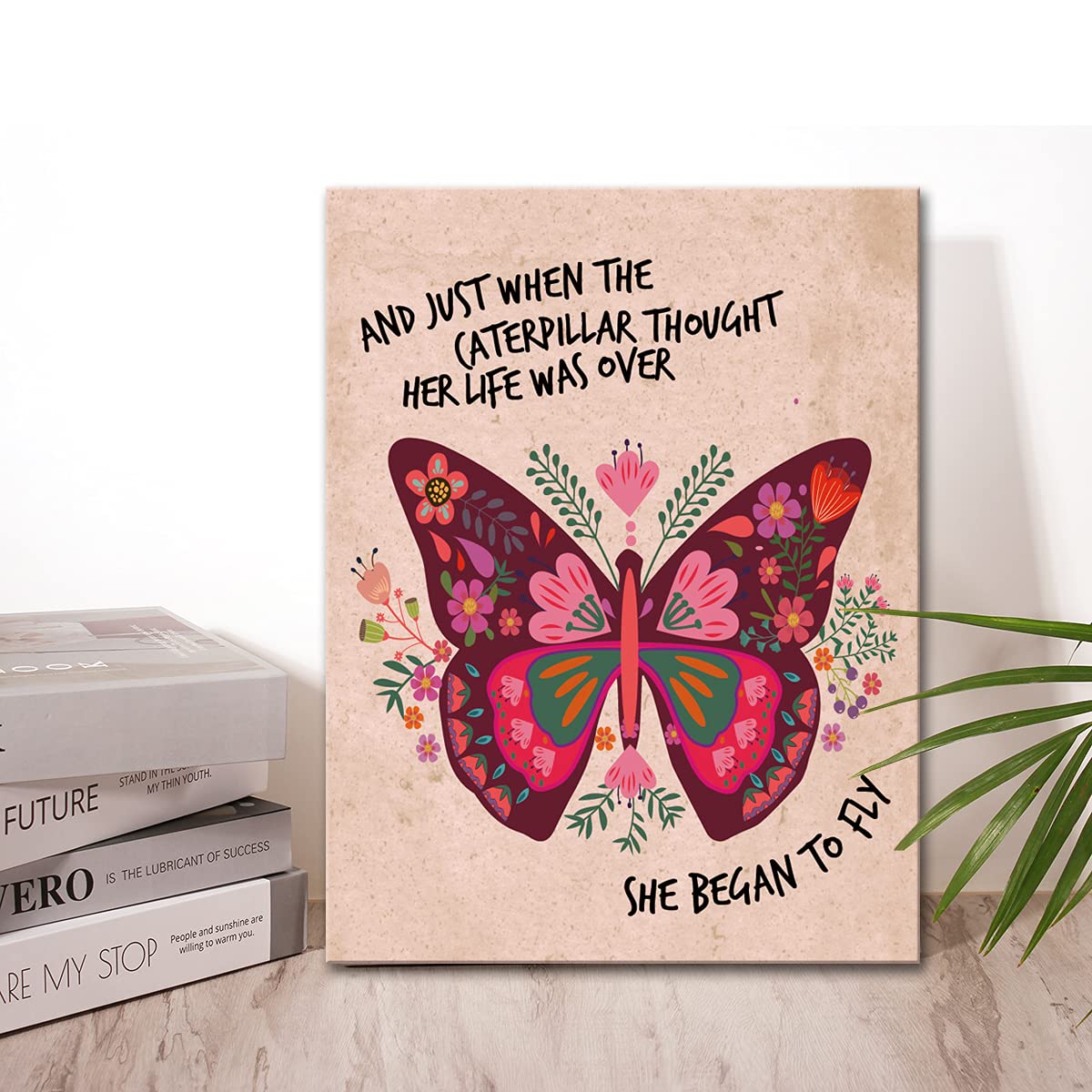 Flower Butterfly Inspirational Quotes Motto Framed Canvas Wall Art Gifts for Women Girls Friends Sister Motivational Canvas Prints Framed Wall Art for Home bedroom Living Room Wall Decor