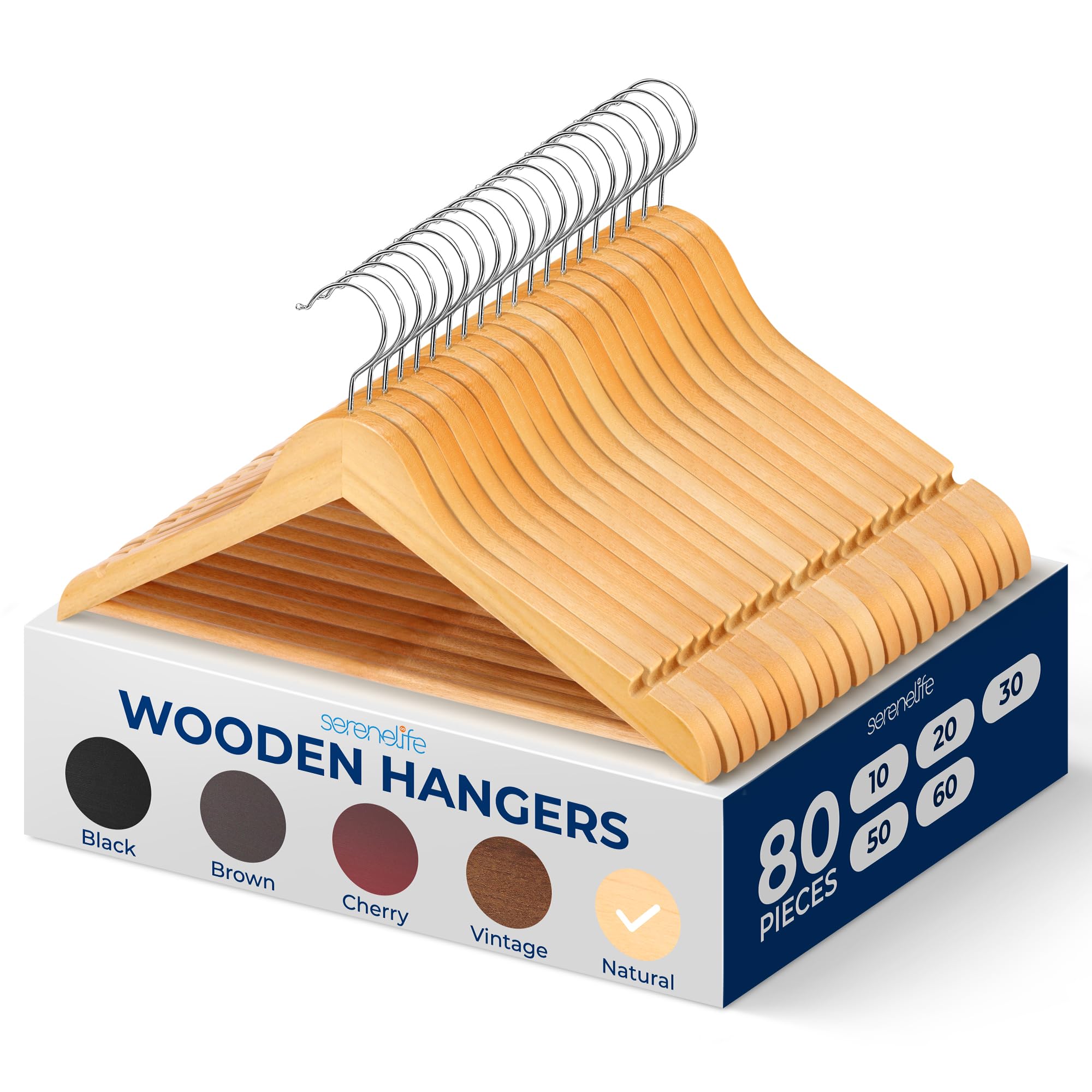 SereneLifeHome Solid Wooden Hangers, Mega Pack, 80 Pieces Hangers for Clothes, Heavy Duty Suit Hanger Set with Chrome 360 Degree