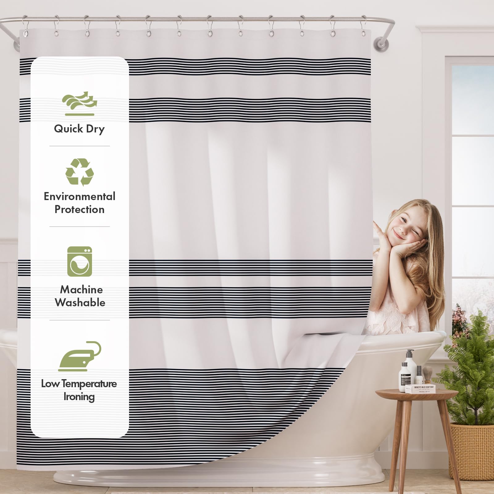 AmazerBath Shower Curtain Sets  Striped Blue Cloth Shower Curtain with 12 Shower Curtain Hooks  Rustic Fabric Blue and White Shower Curtain  Washable Farmhouse Bathroom Shower Curtain  72x72 Inches