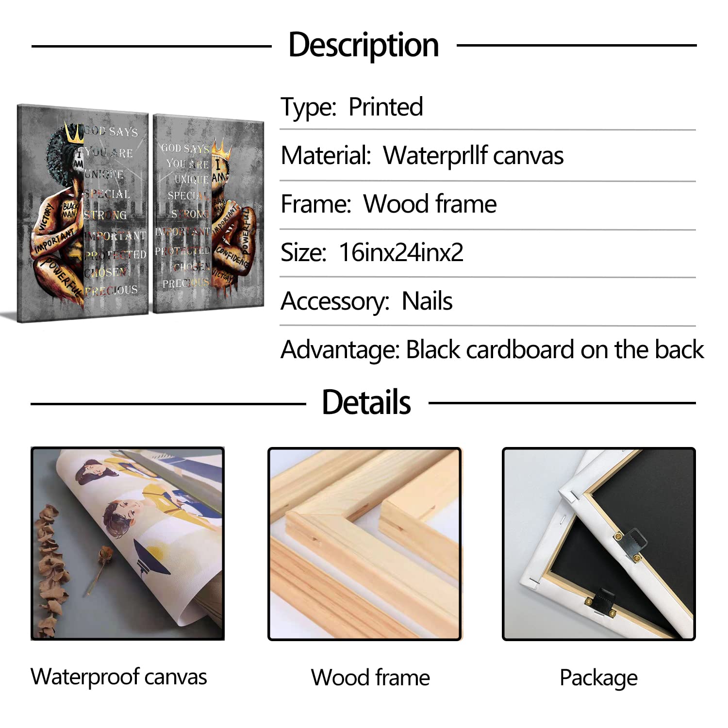 African American Wall Art Man Inspirational Quotes Black King Wall Decor Men Portrait Poster Print Picture Painting Artwork For