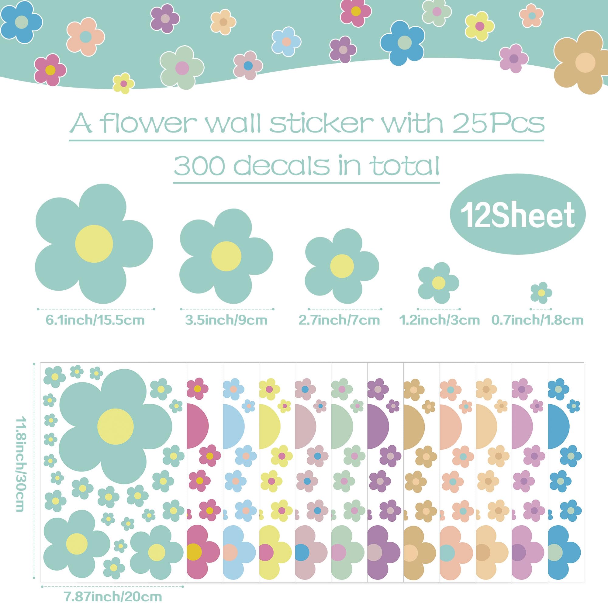 12 Sheets Flower Wall Decals Cute Colorful Floral Wall Stickers Vinyl Peel And Stick Wall Decals Y2K Preppy Hippie Stickers Aest