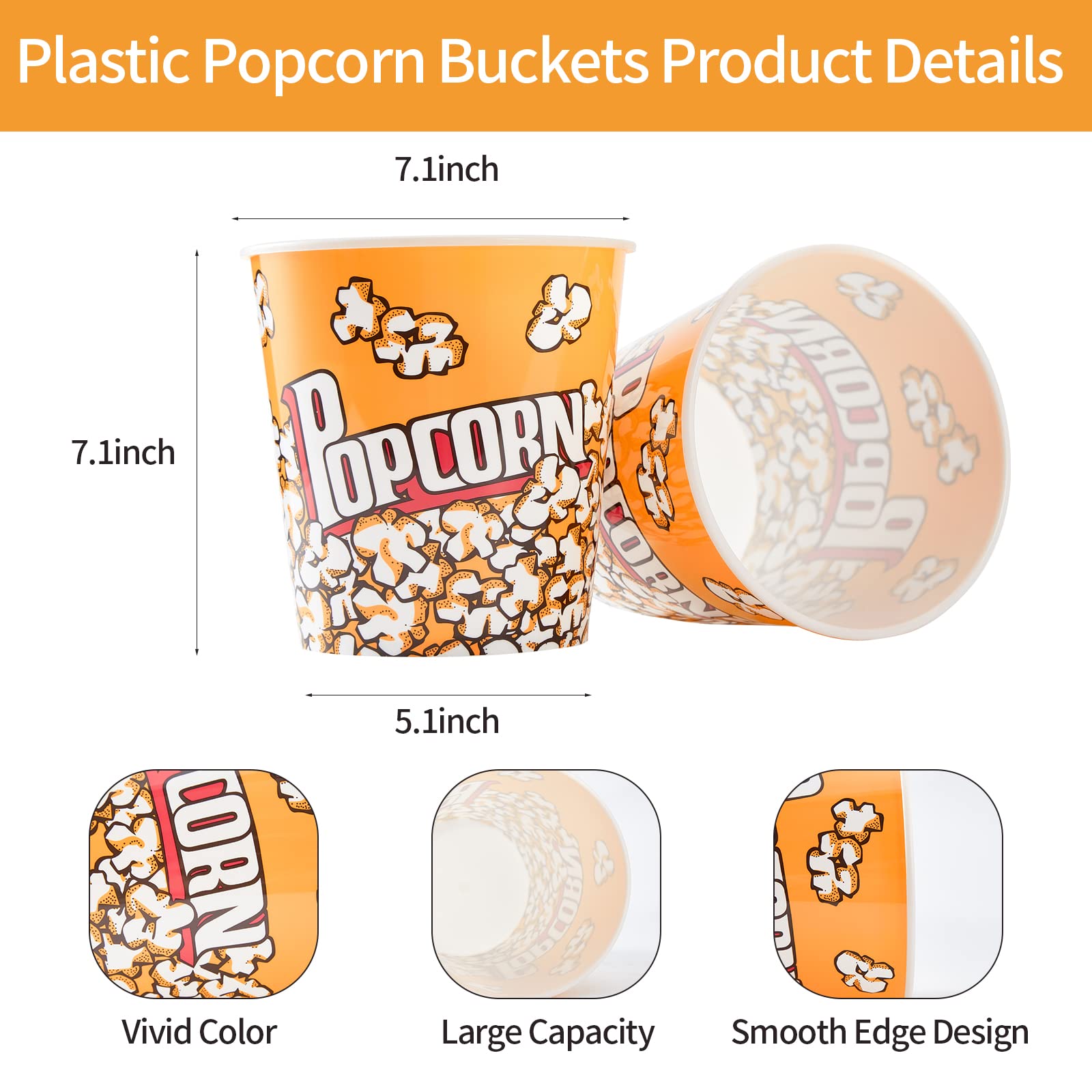 Raymea Plastic Popcorn Containers Retro Style Reusable Popcorn Buckets For Movie Night 7.1   X7.1   X5.1    - 2 Pack