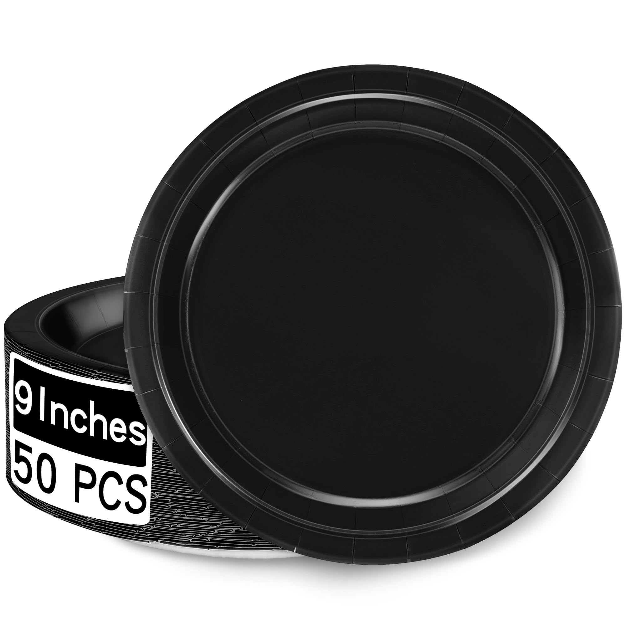 50 Round Black Party Plates Pack, Disposable 9 Inch Paper Dinner Plates for Daily Meals, Picnics, Camping, Birthdays, Christmas,