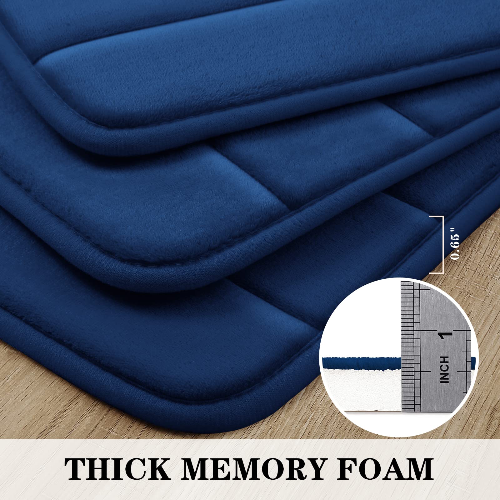 Bysure Navy Blue Memory Foam Bathroom Rug Set 3 Piece, Non Slip Extra Soft Absorbent Bath Mats, Machine Washable & Dry Toilet Ma