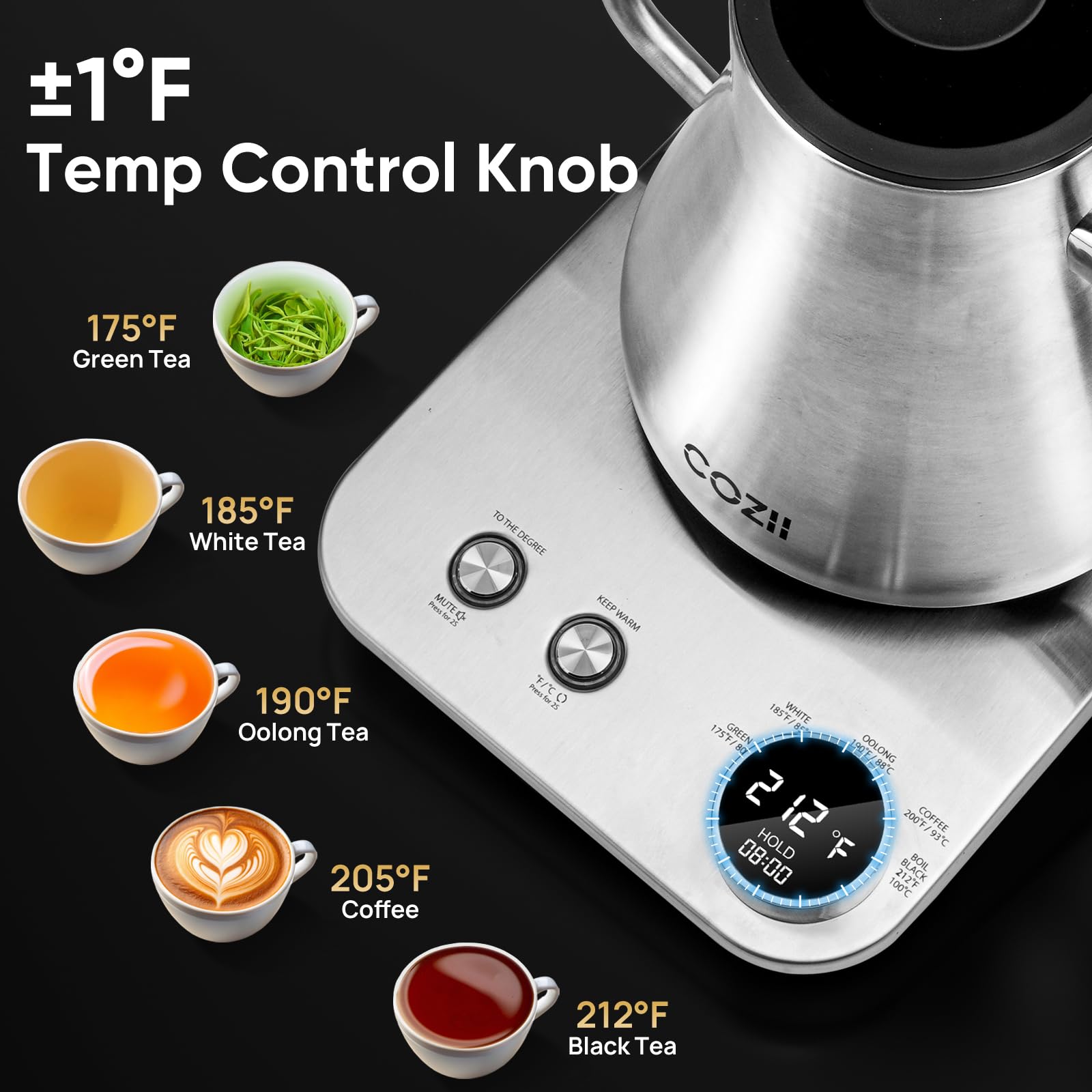 Cozii Gooseneck Electric Kettle,5 Presets & 1? Temperature Control 1200W Quick Heating Water Boiler For Coffee/Tea, 24H Keep War