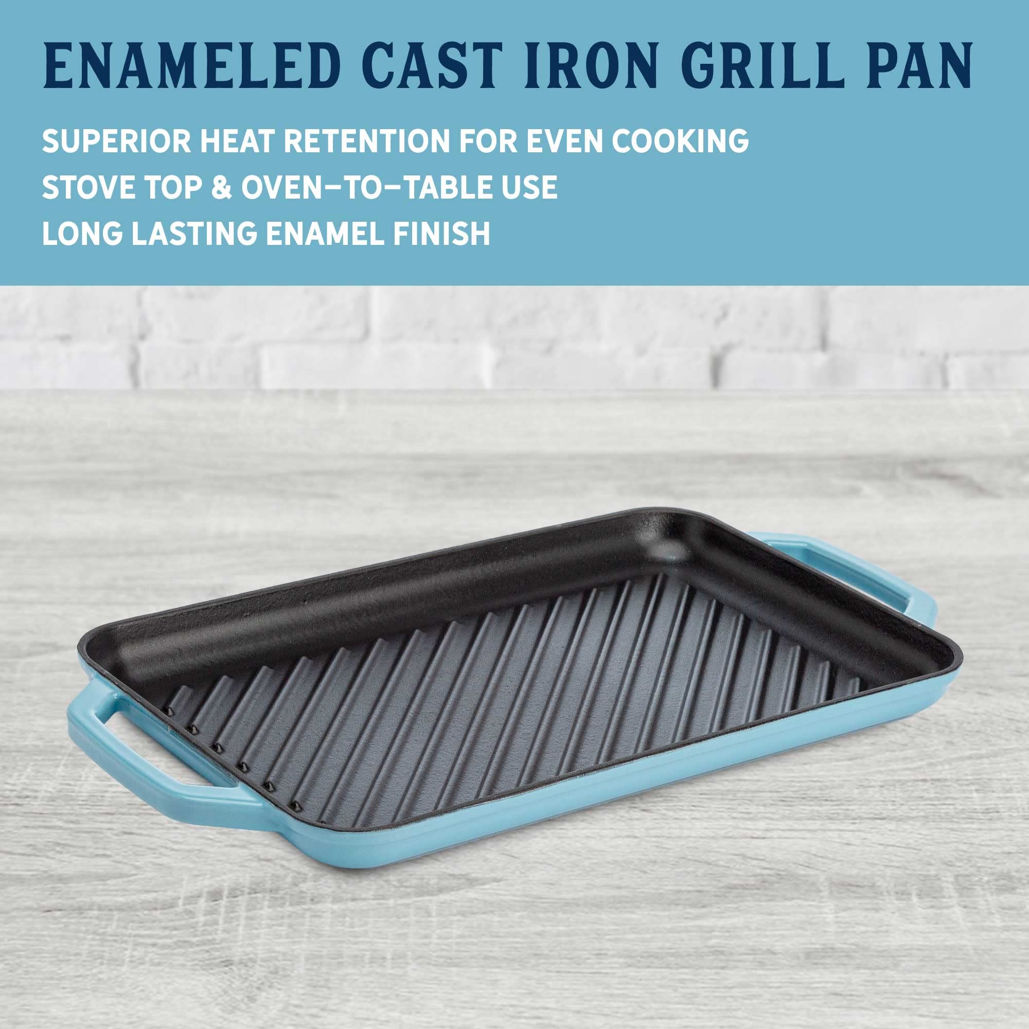 Country Living Enameled Cast Iron Grill Pan, Family Sized Rectangular Griddle, Durable Indoor And Outdoor Cookware, 17'' X 9.5''