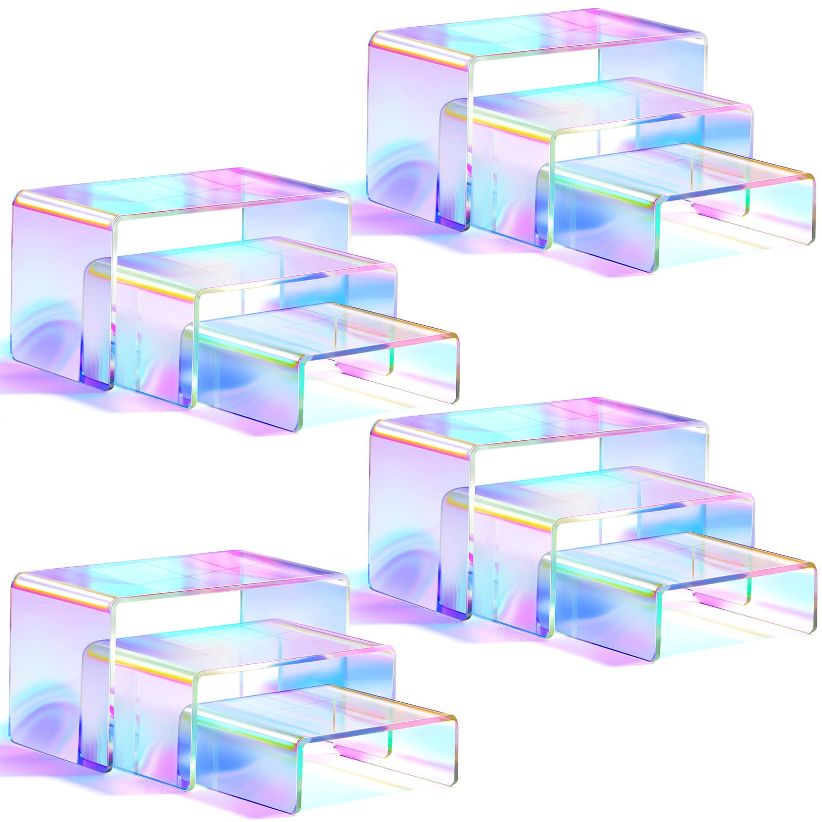 Queekay Iridescent Acrylic Display Risers Rainbow Acrylic Display Stands 3 Tiered Rectangle Tabletop Rainbow Shelf Showcase Fixt