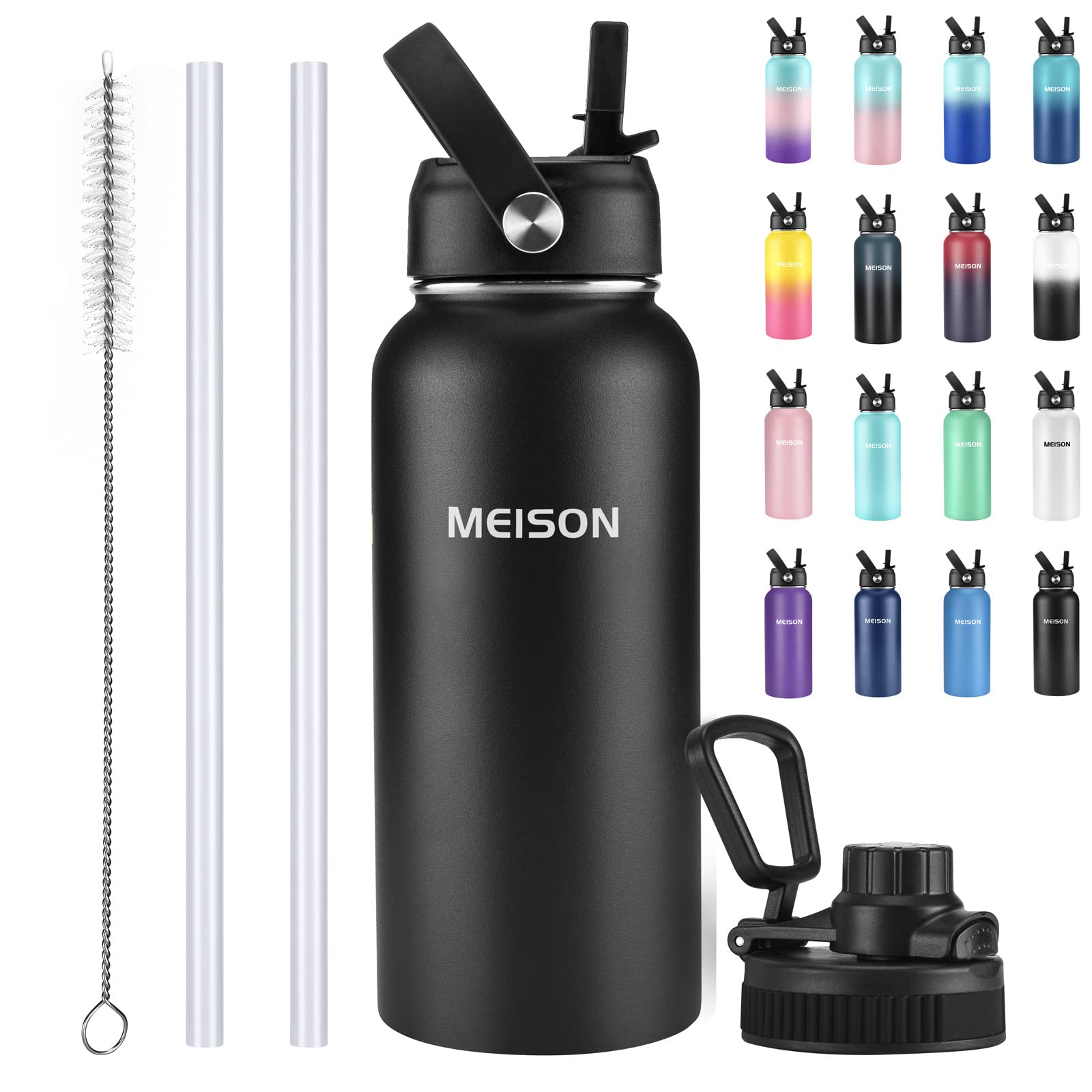Insulated Water Bottle With Straw 32Oz, Sports Water Bottle 1 Liter, Reusable Wide Mouth Vacuum 18/8 Stainless Steel Thermos Fla