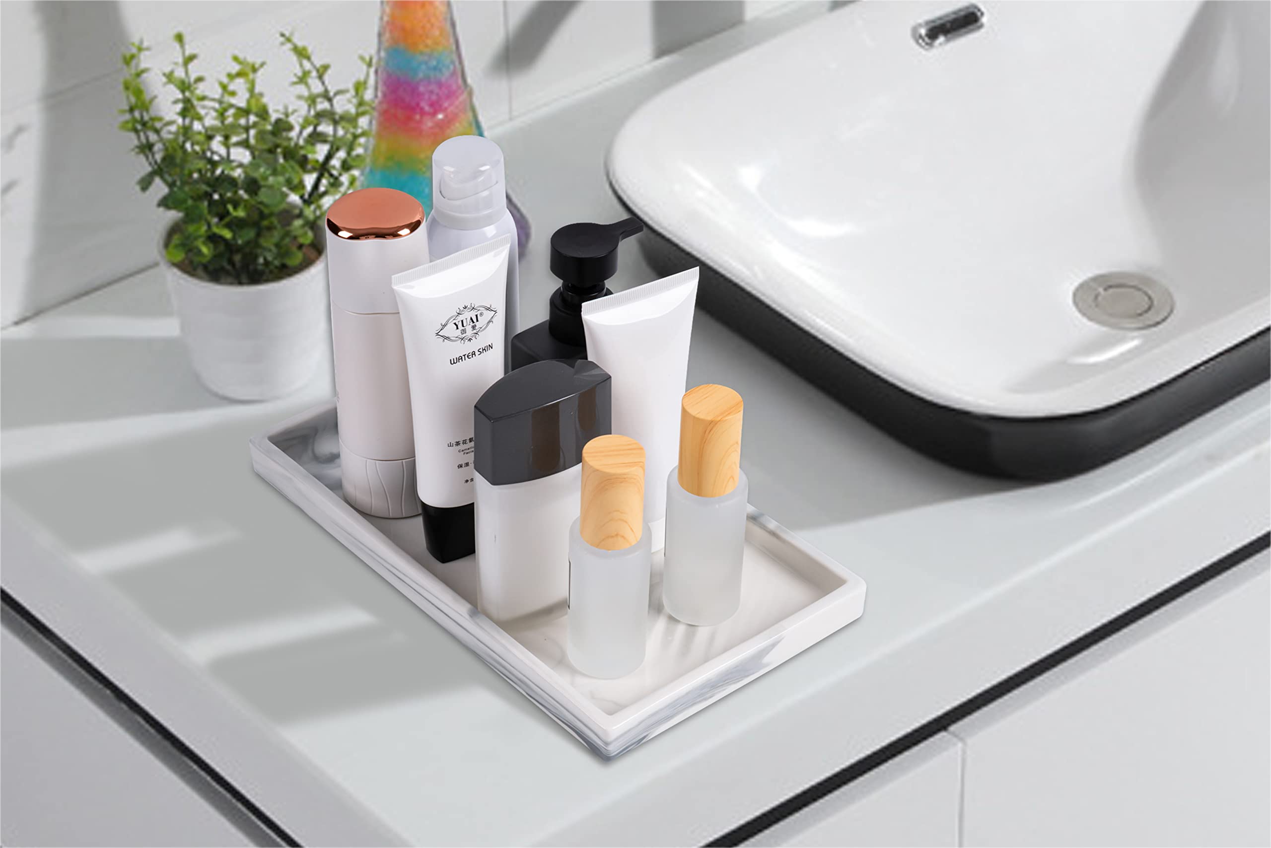 Goporcelain White Marble Bathroom Counter Tray - Ceramic Perfume Organizer And Jewelry Dish For Vanity Dresser