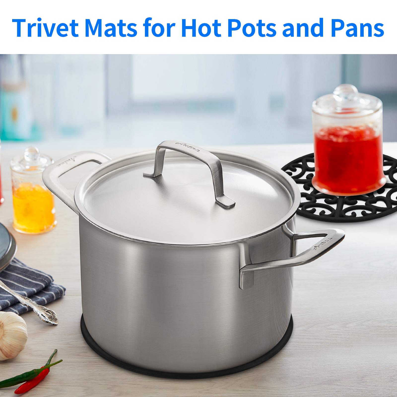Chefbee 3Pcs Silicone Trivet Mat - Flexible Non-Slip Heat Resistant Modern Kitchen Teapot Trivets Set For Hot Dishes, Table, Cou