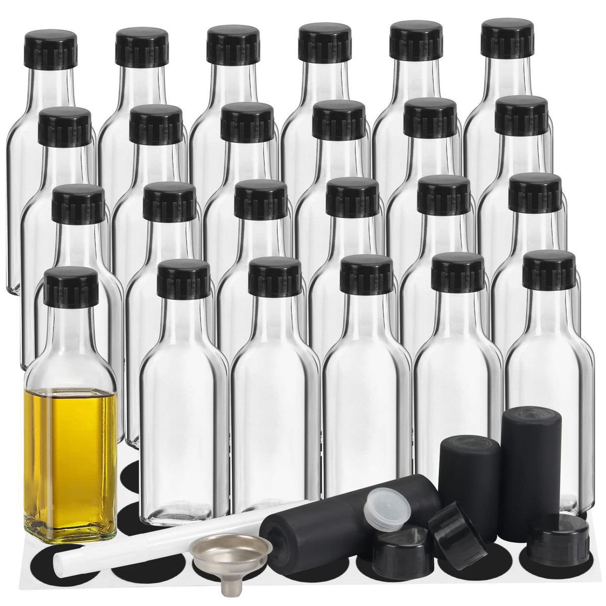 Wertioo 5 Oz Hot Sauce Bottles Squre, 24 Pack Empty Woozy Glass Bottles With Leak Proof Screw Caps & Shrink Bands For Kitchen