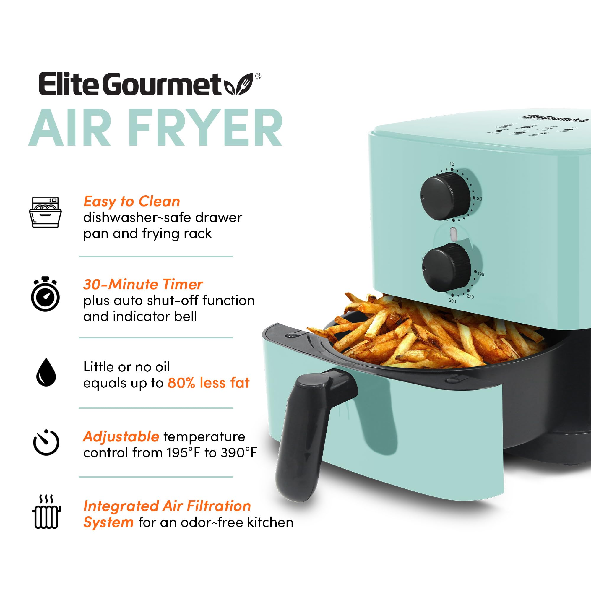 Elite Gourmet Eaf-3218Bl Personal 1.1Qt Compact Space Saving Electric Hot Air Fryer Oil-Less Healthy Cooker, Timer & Temperature