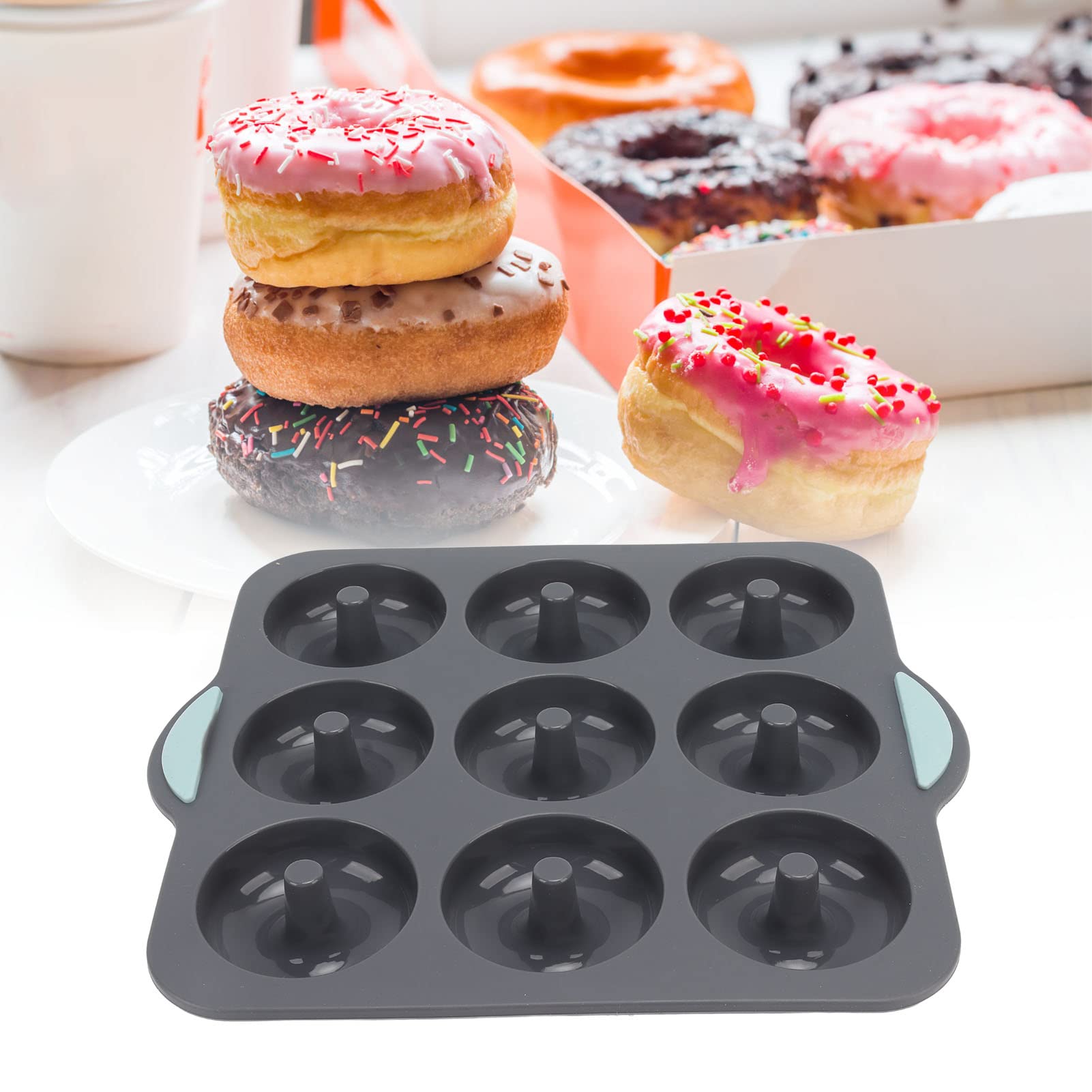 Silicone Donut 9 Cavity Non Stick Food Grade Heat Tolerance Doughnut Pan Set For Cake Biscuit Bagels Muffins Baking (Dark Gray)