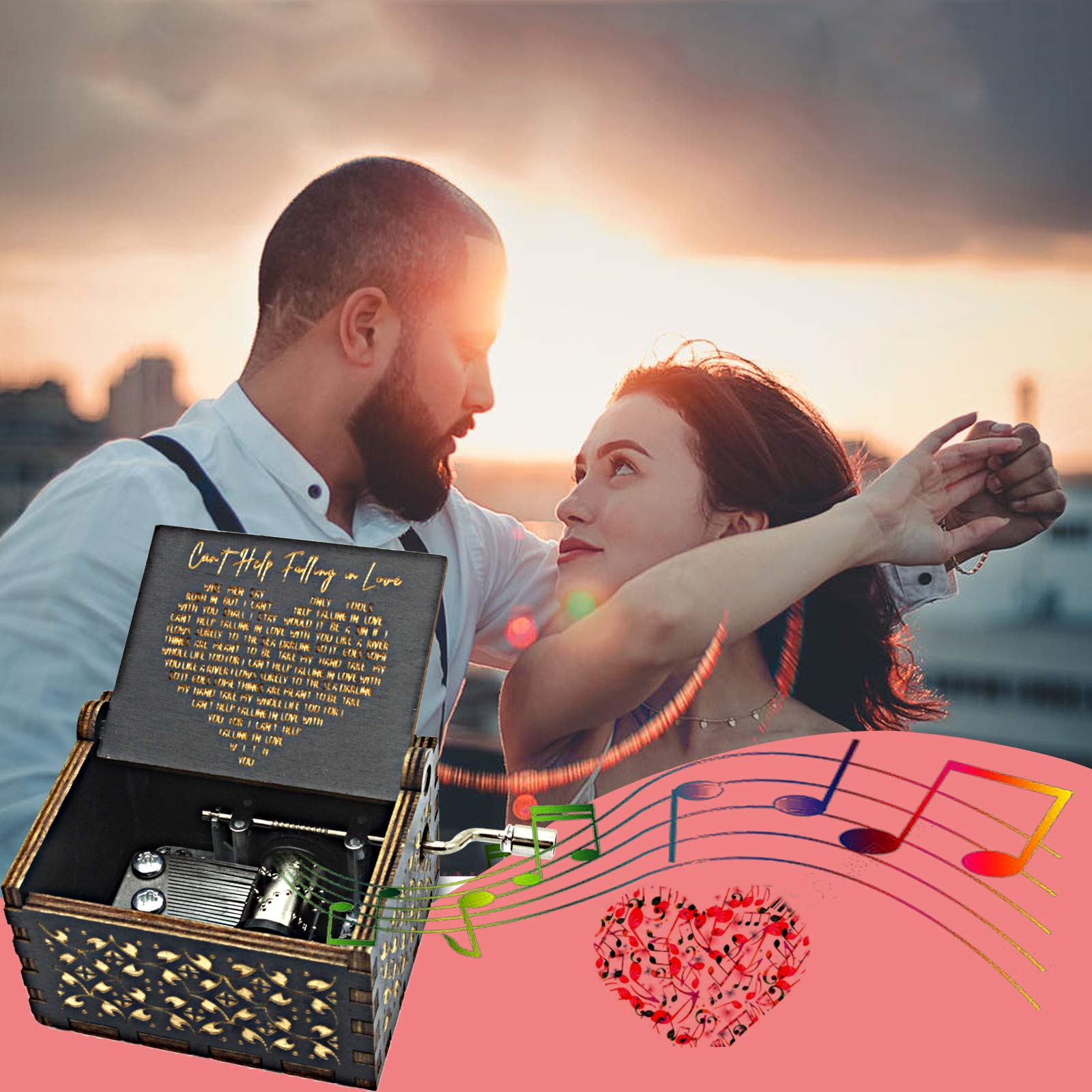 byykit Cant Help Falling in Love Wood Music Box, Antique Engraved Musical Boxes Case for Love One Wooden Music Box - Gifts for