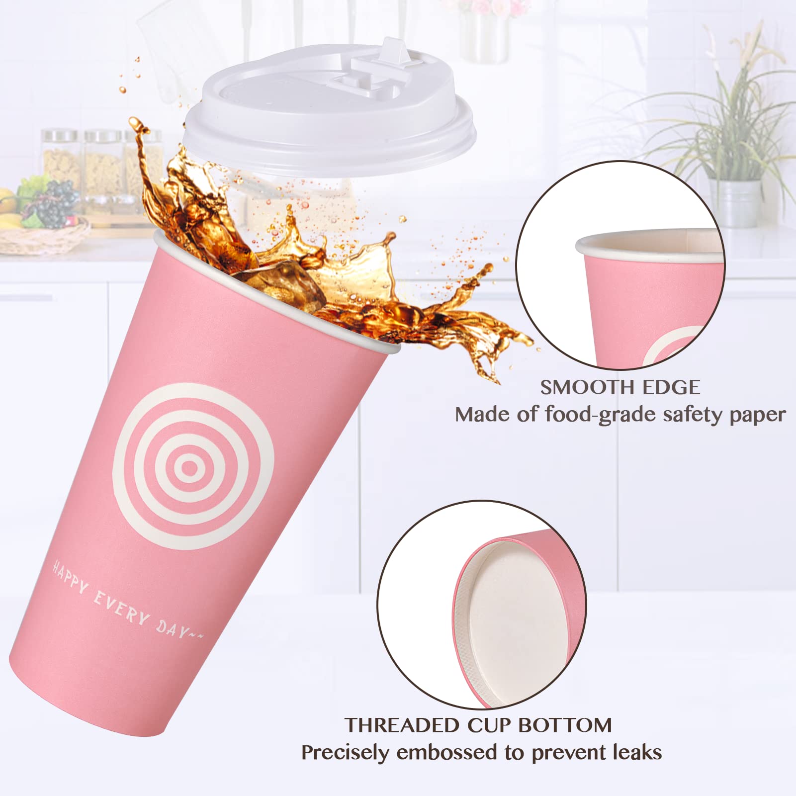 JollyPack 20 oz Paper Cups  100 Pack Disposable Coffee Cups with Lids and Stirrers  Hot Paper Cups for Cold/Hot Coffee  Juice  Tea. To Go Coffee Cups for Home  Store and Cafe (Pink and Green)
