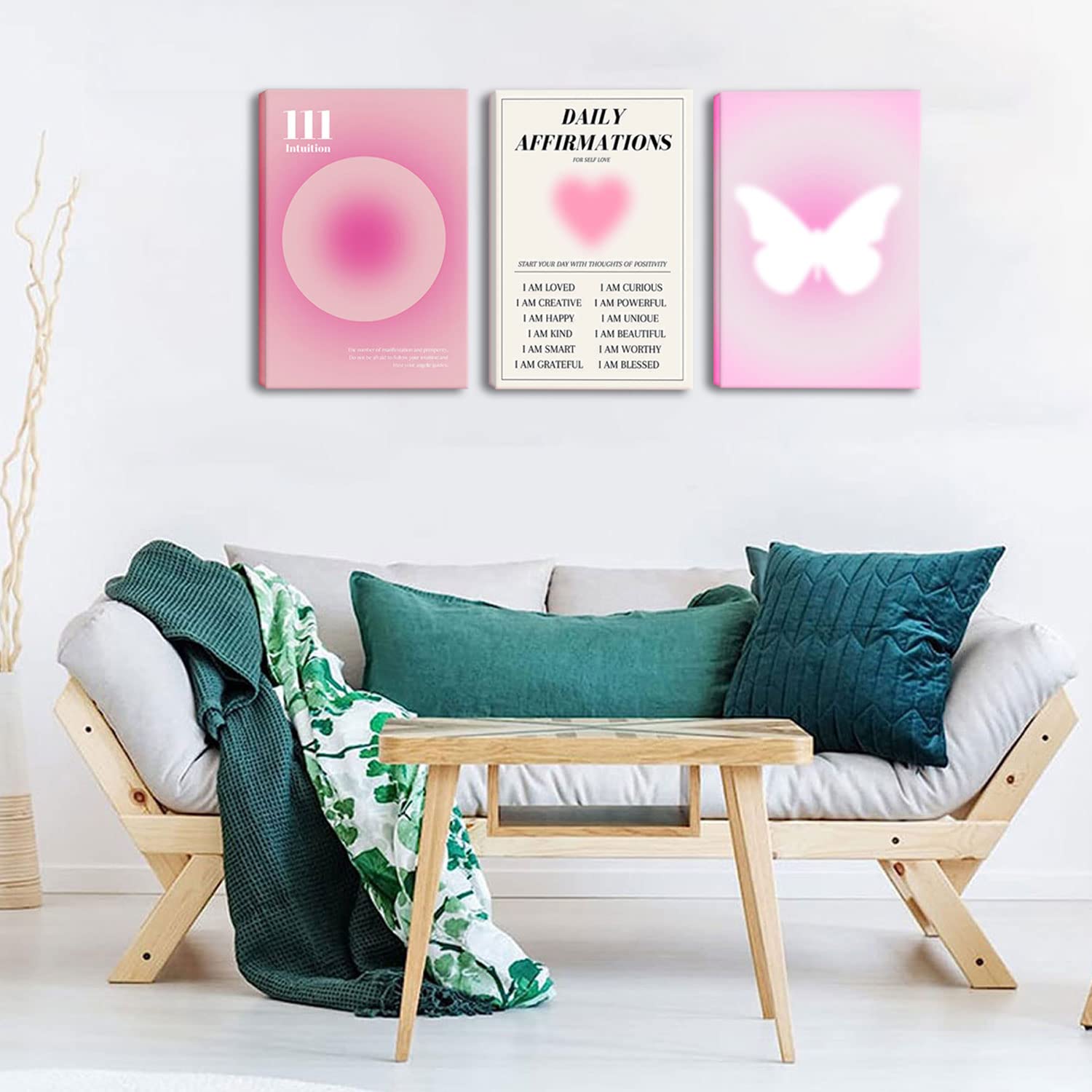 Pink Canvas Wall Art Set Of 3 - Abstract Halo Angel Number Positive Energy Motivational Wall Decor - Ideal For Living Room, Bedr