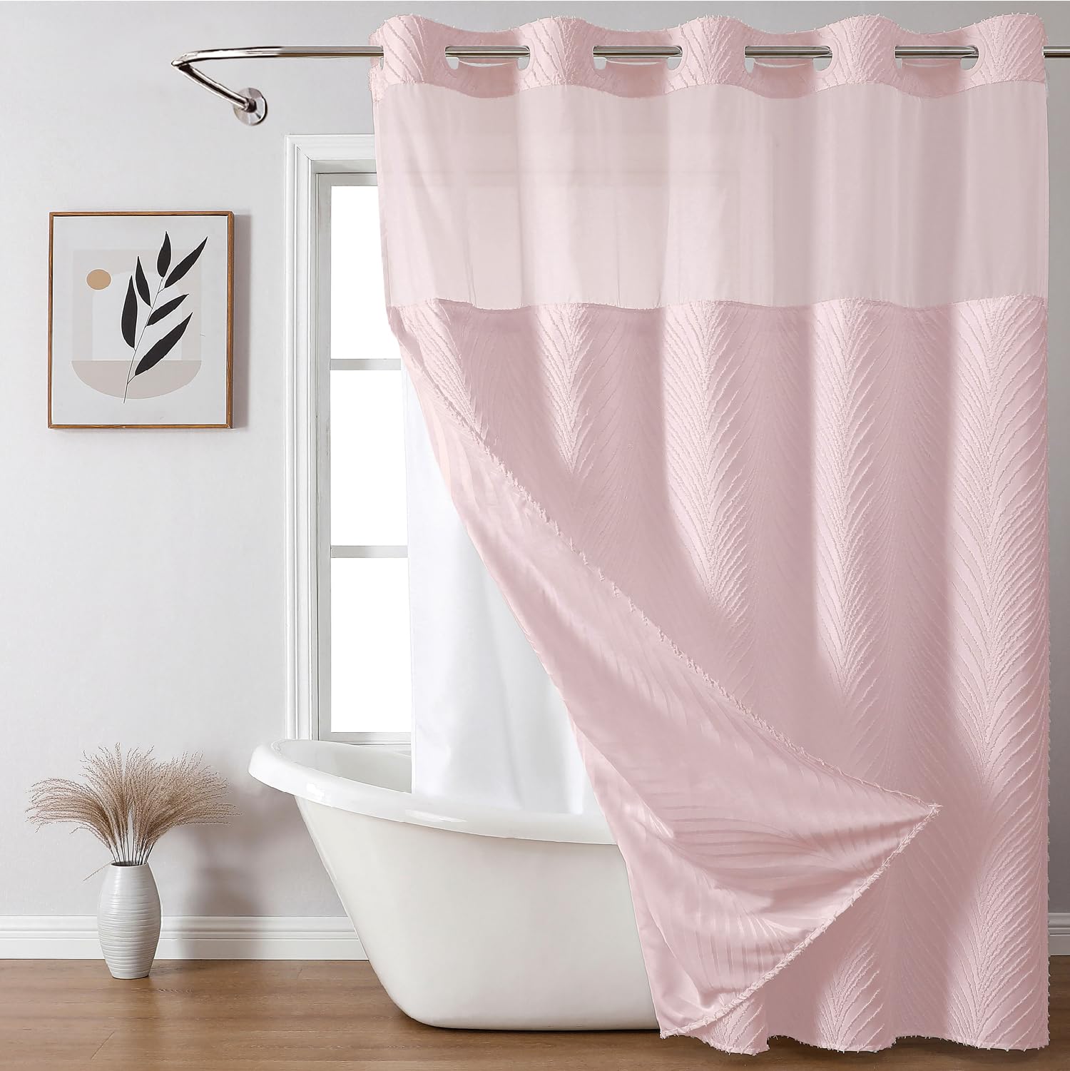 Eachope No Hook Shower Curtain And Liner Set,Boho Style With See Through Top Window, Pink Fabric Tufted Striped Textured Outer C