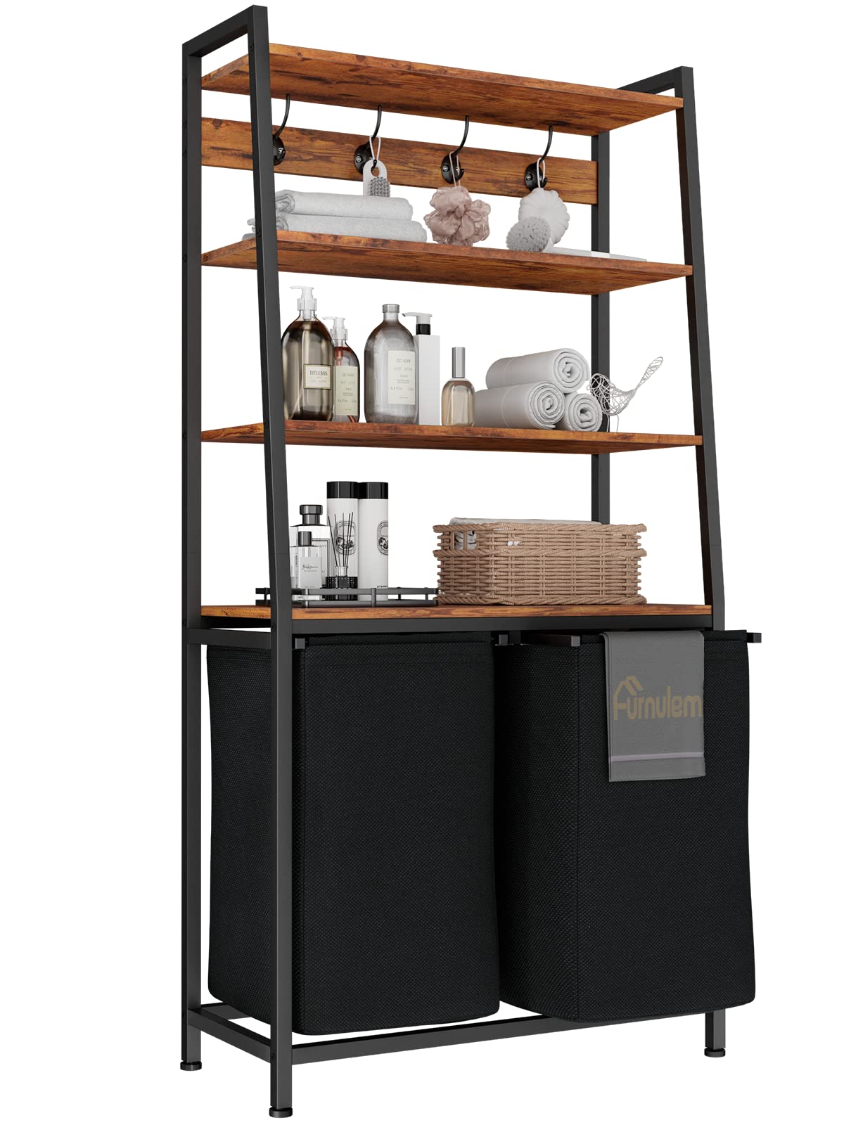 Furnulem 4 Tiers Laundry Hamper With Shelf And Hooks, Tall Laundry Basket Sorter With 2 Removable Laundry Bags, Ladder Shelves W