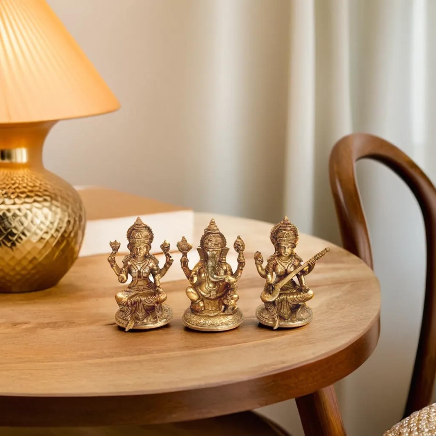 Kartique Brass Laxmi Ganesh Saraswati Bhagwan Idol Ganpati Murti Metal Statue For Home Office Success Entrance Decor Pooja Good