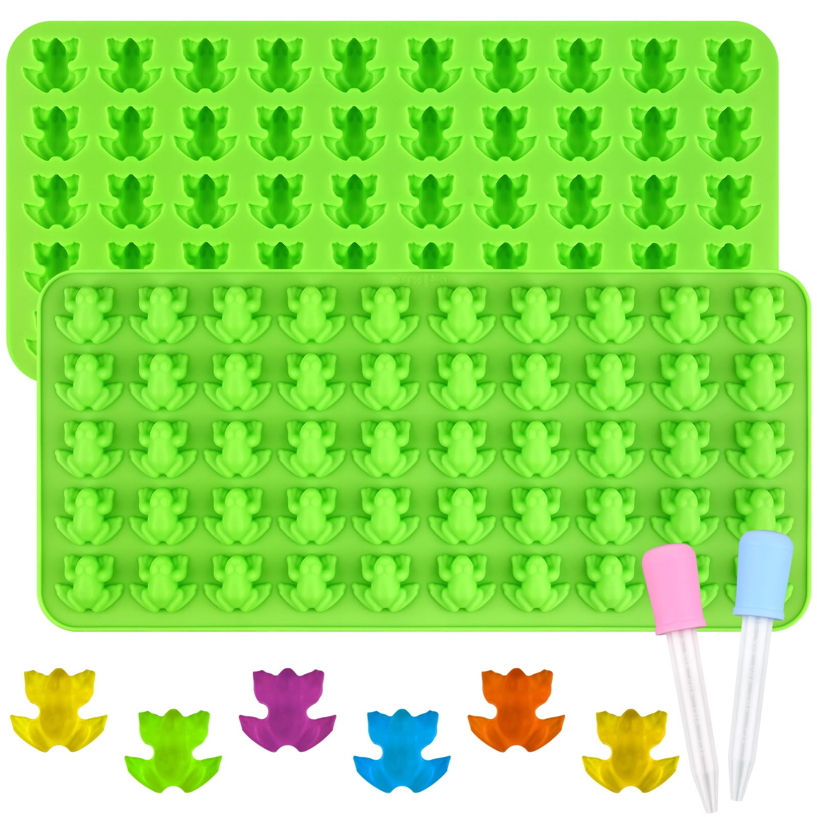 Sakolla Mini Frog Candy Molds, 100 Cavities Silicone Molds for Chocolate, Gummy, and Mints, Set of 2 with 2 Droppers (Green)