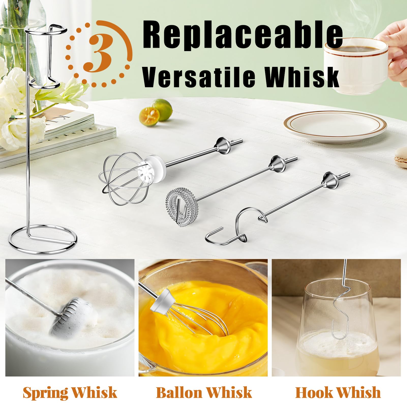 Nahida Beige Milk Frother Wand For Coffee, Frother Handheld With Stand Rechargeable Electric Whisk With 3 Heads 3 Speeds Drink M
