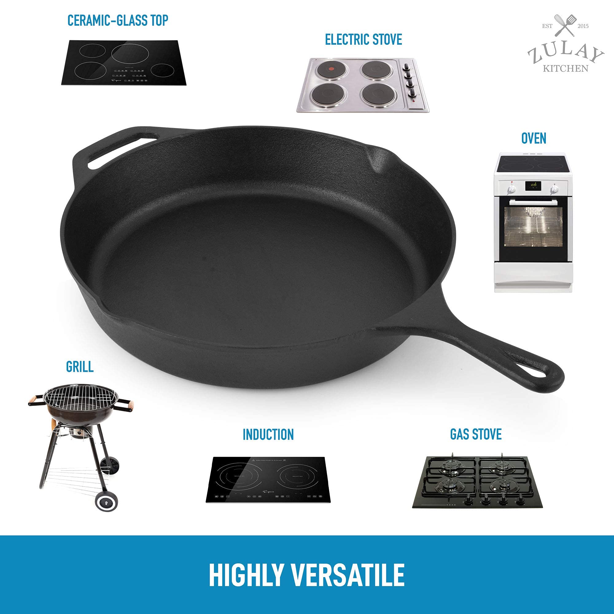 Zulay Kitchen Pre-Seasoned Cast Iron Skillet 12 Inch - Heavy Duty Seasoned Iron Cast Skillet For Indoor & Outdoor Cooking - Gril