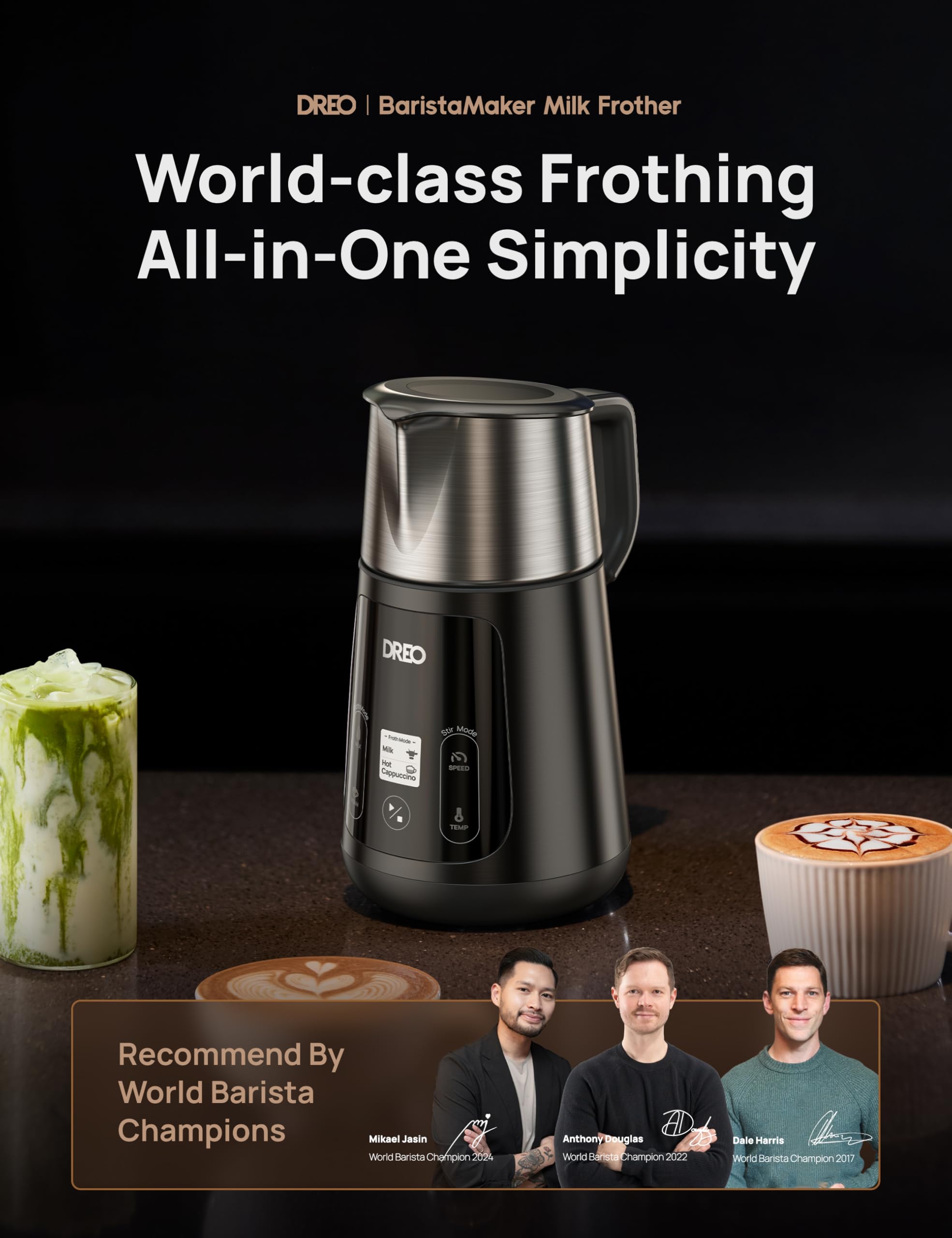 Dreo Milk Frother, All-in-1, 27oz/800ml Hot/Cold Electric Foam Maker for Coffee, Latte Art-level Microfoam, Automatic Milk Warme