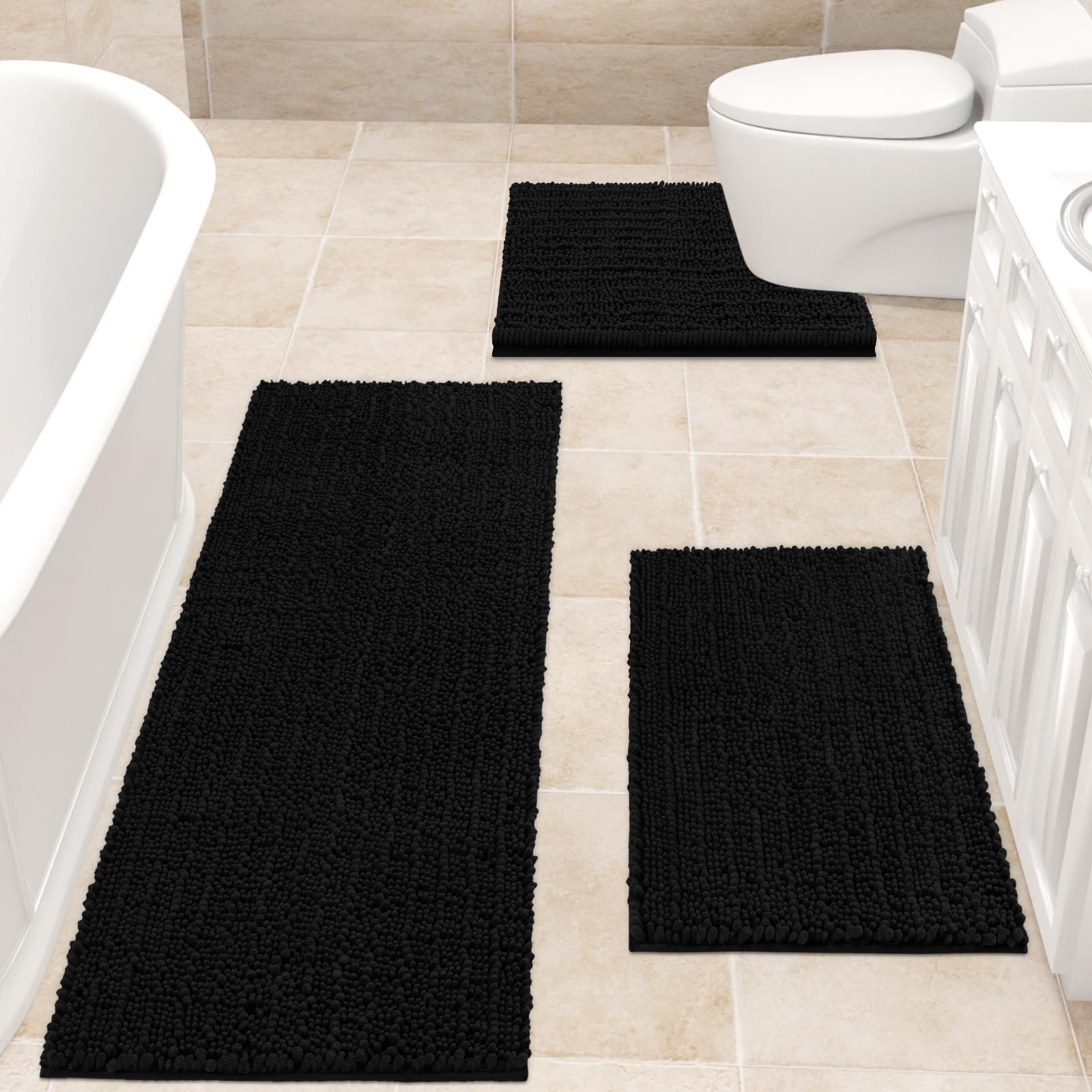 Accumtek Upgrade Extra Large Black Bathroom Rug Set 3 Pieces Ultra Soft, Thick Absorbent Bath Mats, Non Slip Chenille Toilet Mat