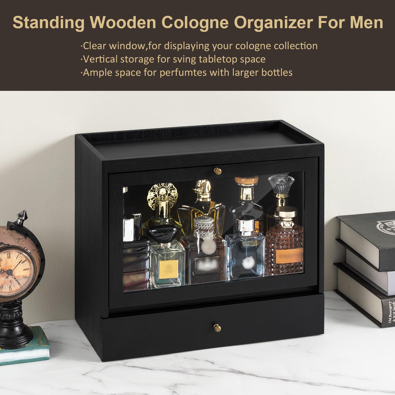 Emfogo Cologne Organizer for Men, Solid Wood Perfumes Organizer for Men Dresser, Large Capacity Dustproof Cologne Holder with Dr