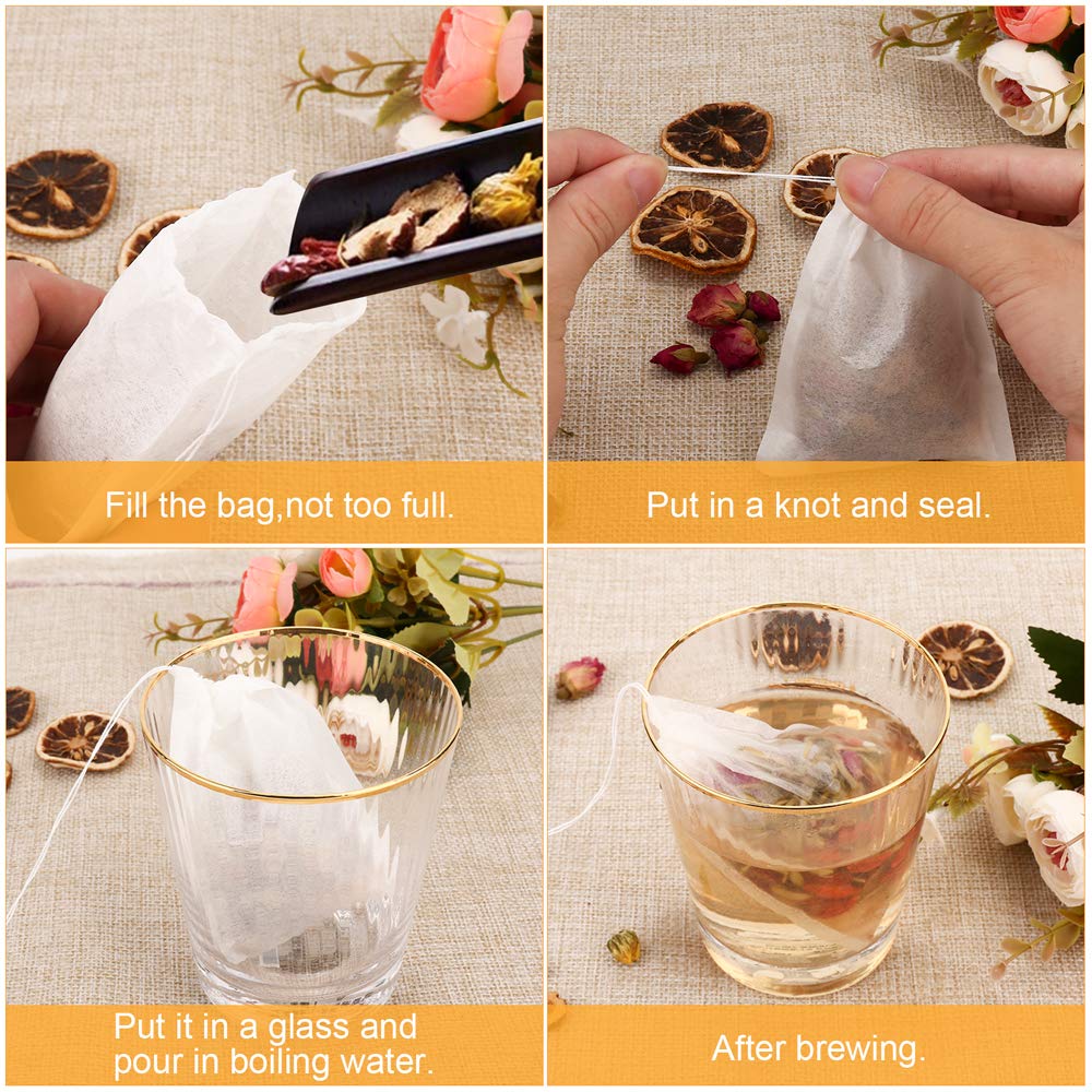 BetyBedy Disposable Tea Filter Bags - 100PCS Natural Wood Pulp, Drawstring, 1-Cup Capacity (3.15 x 3.94 inch), White