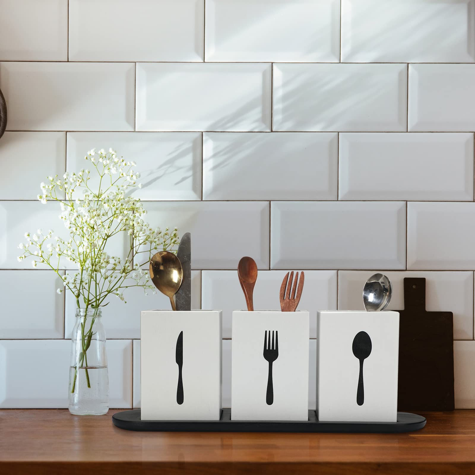 Kathfly 4 Pcs Silverware Caddy Utensil Holder For Countertop Silverware Organizer With Wood Tray Spoon Fork Holder For Kitchen P