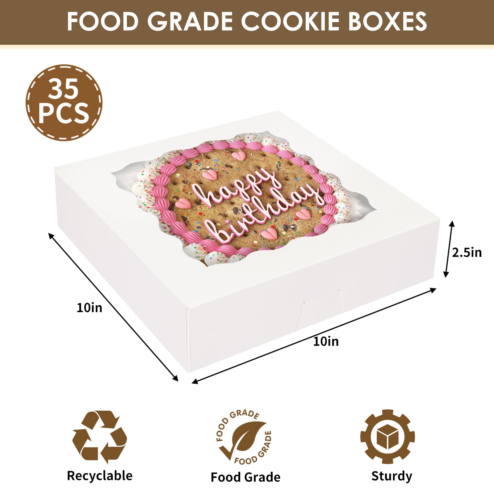 Moretoes 35pcs Pie Boxes 10x10x2.5 Inches Cookie Boxes Bakery Boxes with Window for Cookies  Pastries  Pies  Chocolate Covered Strawberries  Valentine's Day (White)