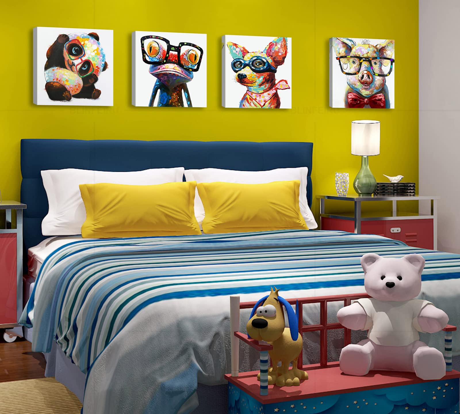 Colorful Cartoon Animal Wall Art Canvas Print Funny Cute Panda Frog Pig Orangutan Pictures for Kids Bedroom Nursery Decor Artwork Framed 12''X12''X4