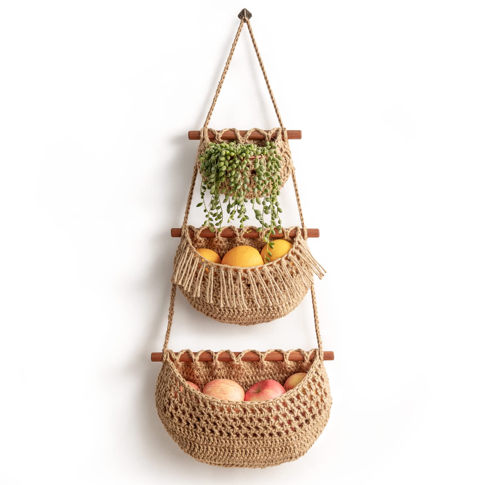 Hanging Fruit Basket, 3 Tier Over The Door Organizer, Handmade Woven Jute Wall Baskets For Organizing, Boho Decor, Storage For K